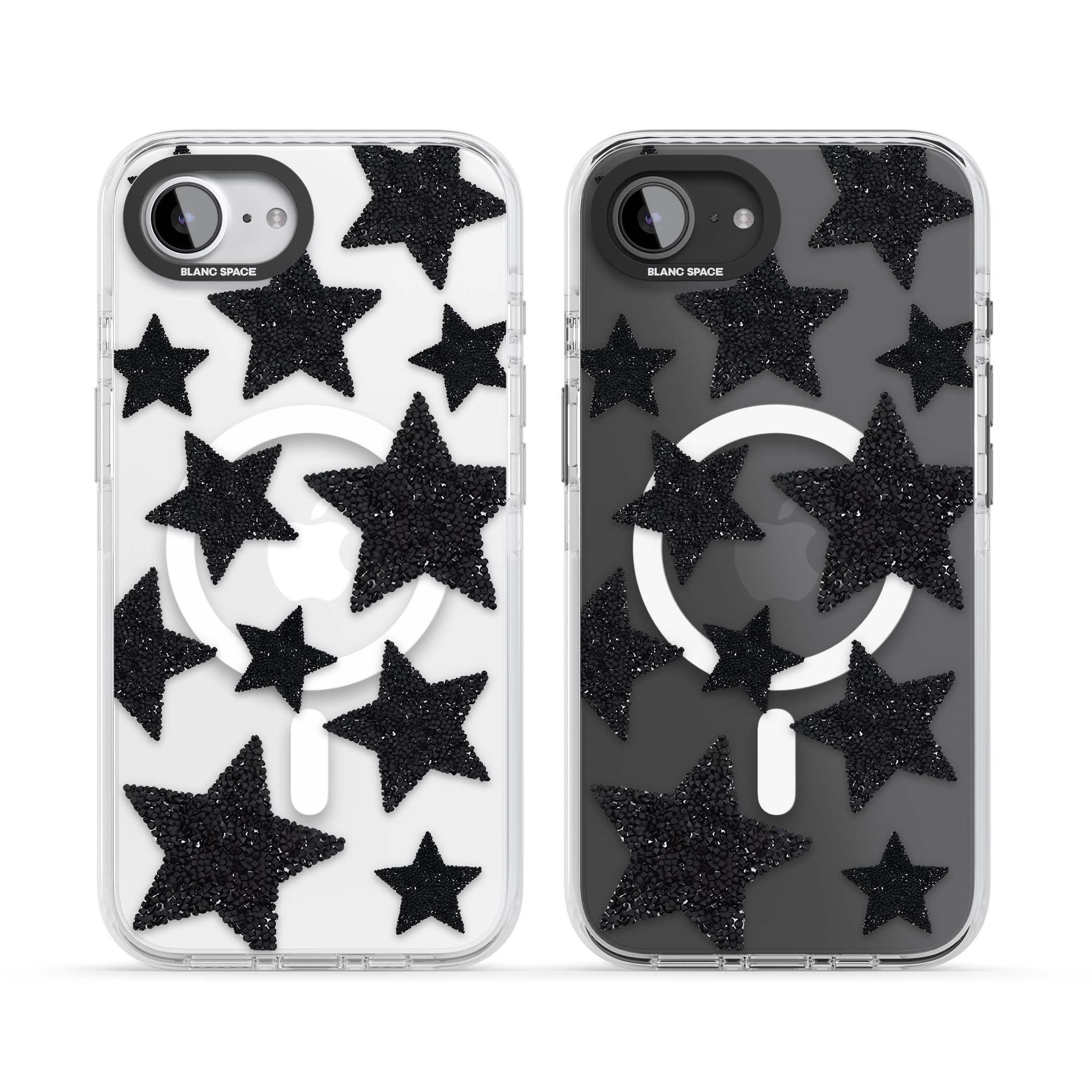 Beaded Black Stars celestial iPhone case featuring black glitter beaded stars scattered on a clear background | Impact Magsafe case for iPhone 16e, iPhone 17e