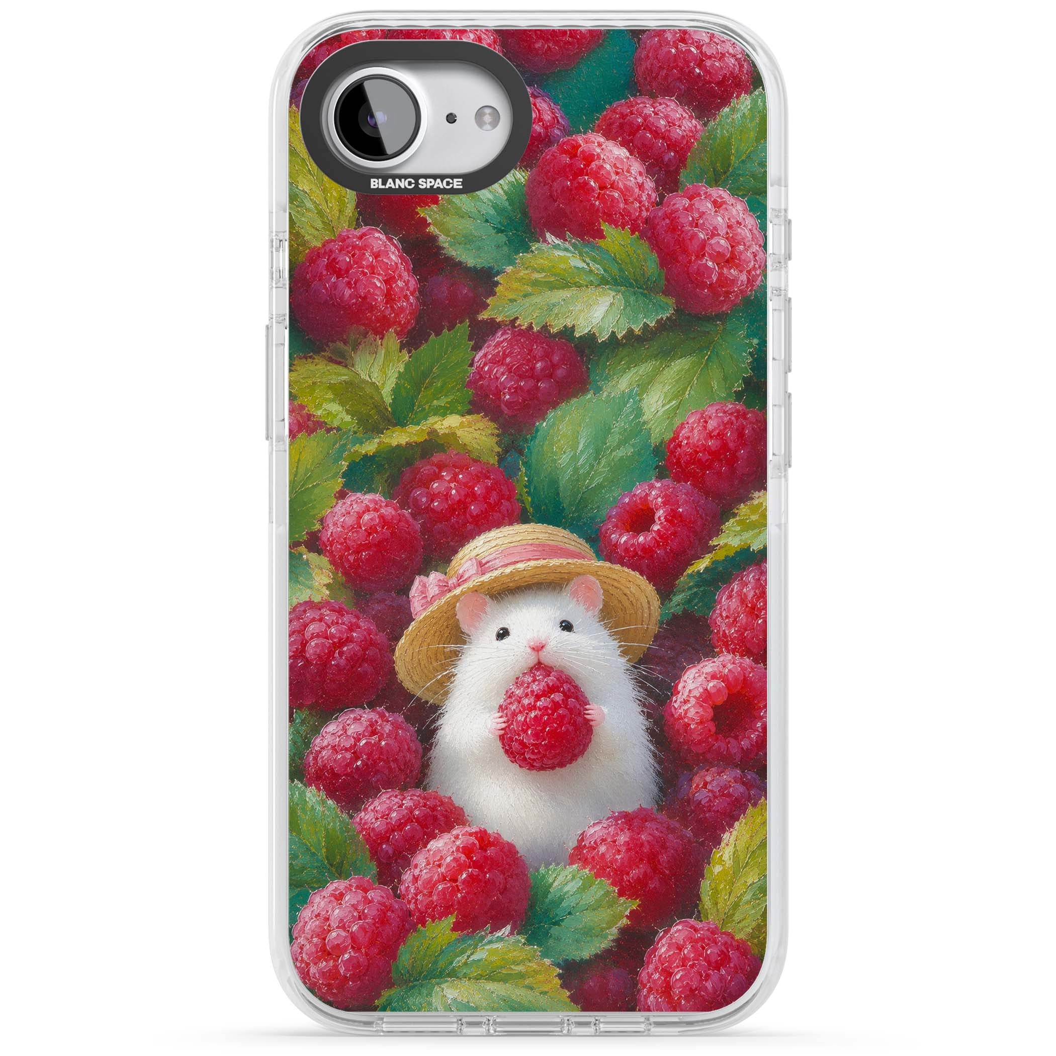 Berry Forager cottagecore iPhone case featuring a white hamster in a straw hat holding a raspberry surrounded by ripe ber | Impact Magsafe case for iPhone 16e, iPhone 17e