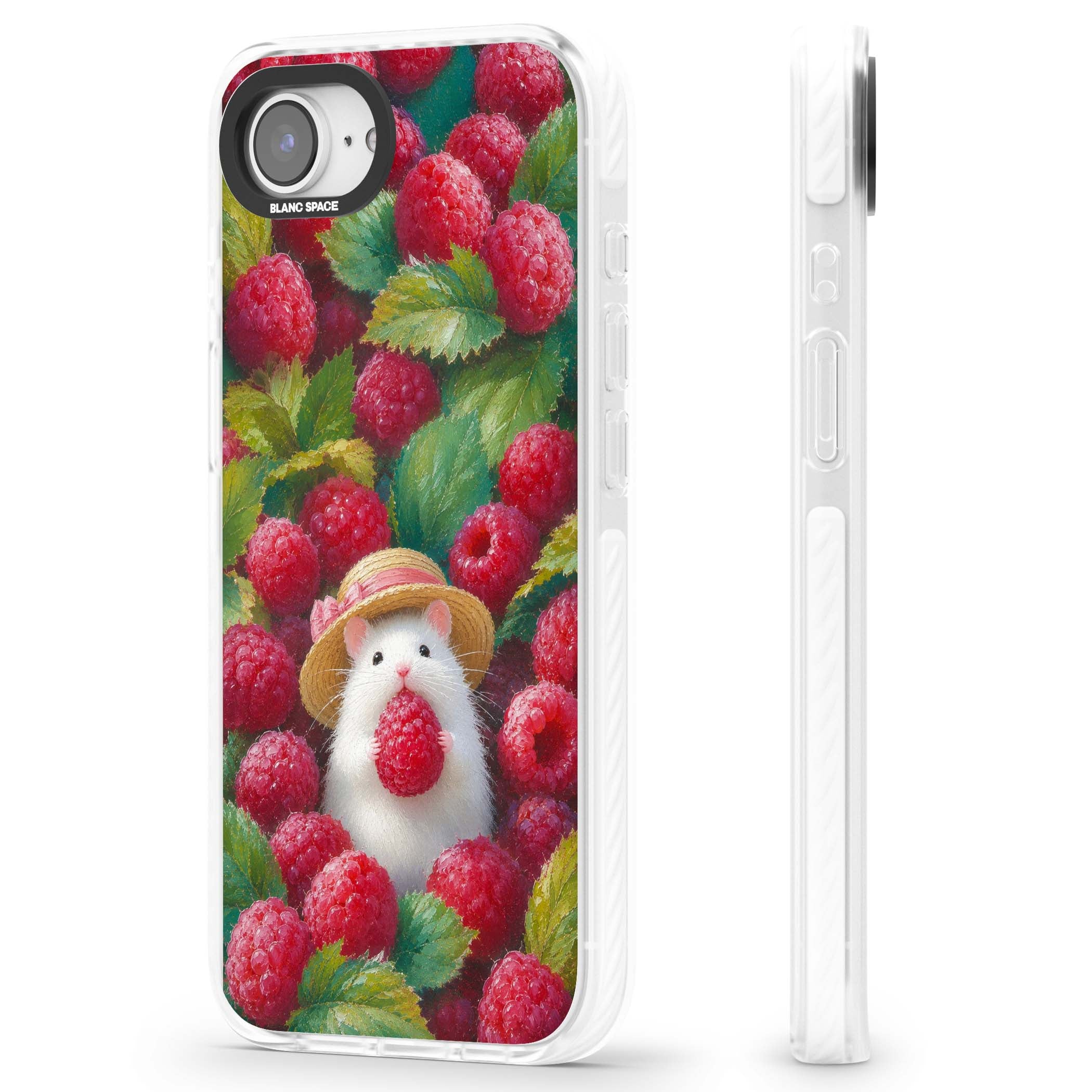Berry Forager cottagecore iPhone case featuring a white hamster in a straw hat holding a raspberry surrounded by ripe ber | Impact Magsafe case for iPhone 16e, iPhone 17e