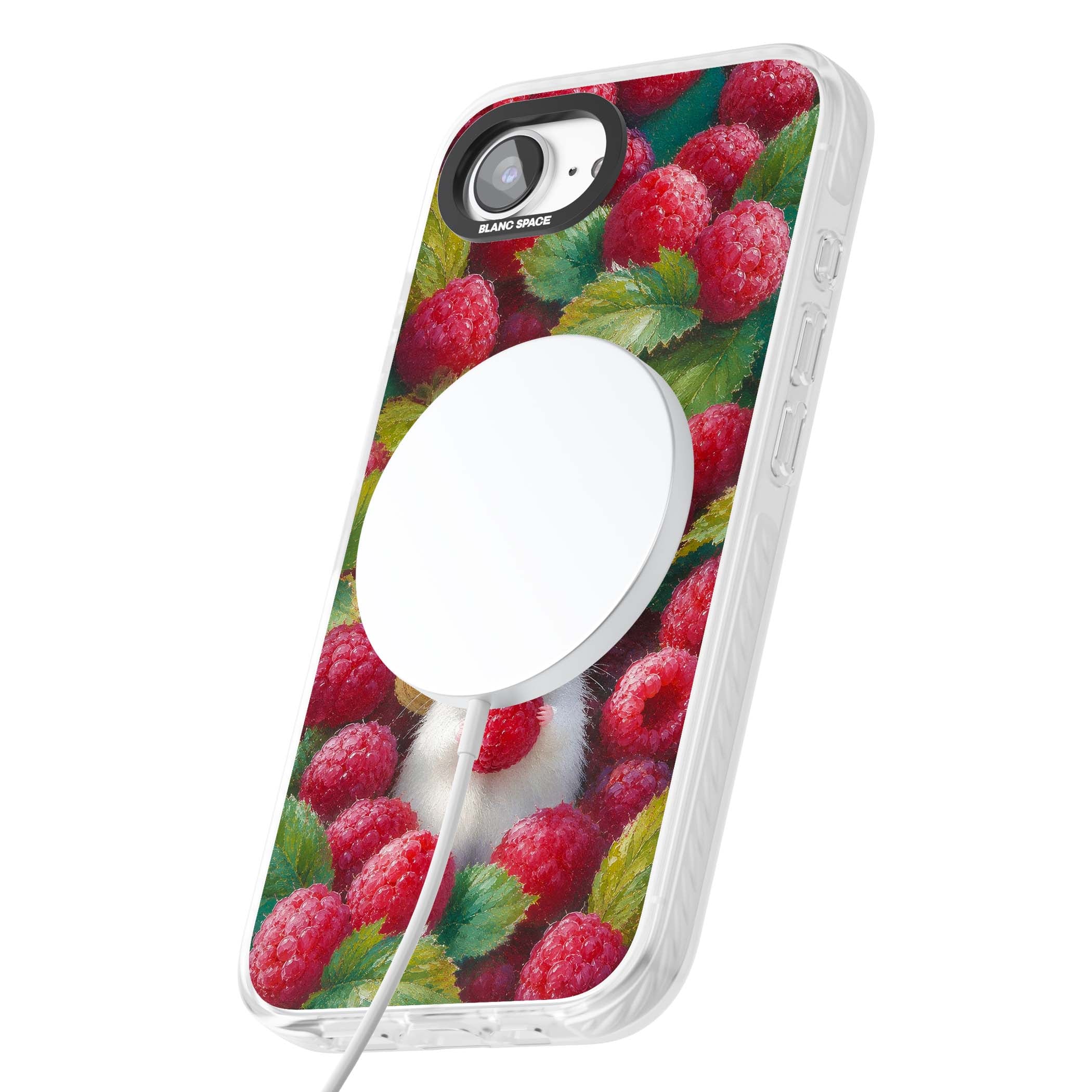 Berry Forager cottagecore iPhone case featuring a white hamster in a straw hat holding a raspberry surrounded by ripe ber | Impact Magsafe case for iPhone 16e, iPhone 17e