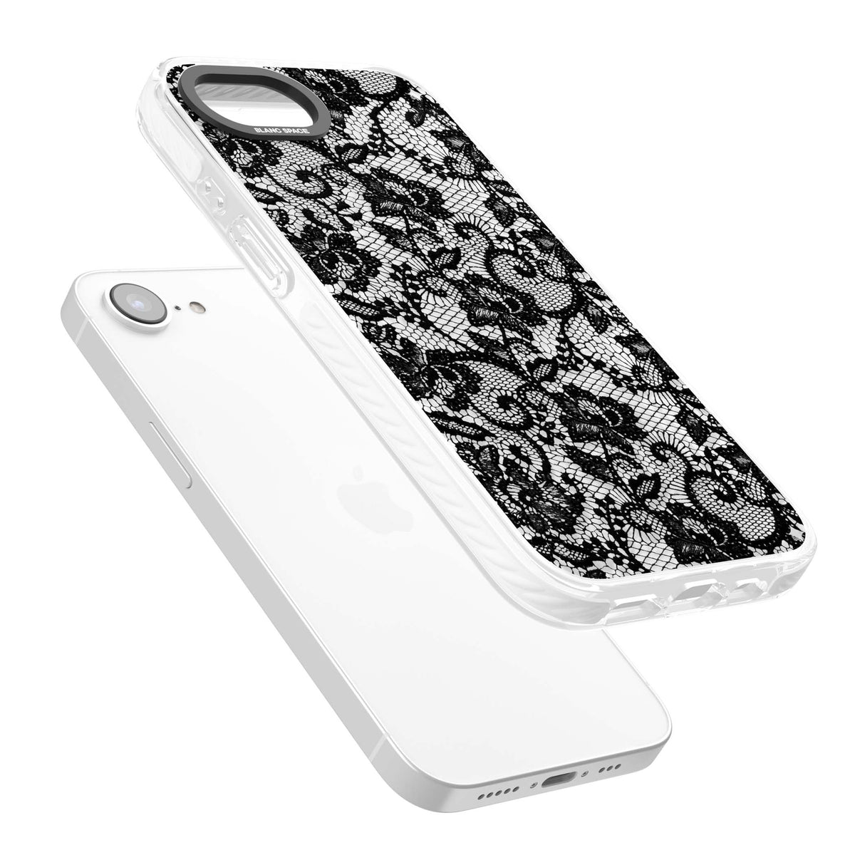 Black Lace gothic iPhone case featuring intricate black floral lace pattern with vintage whimsigoth detail | Impact Magsafe case for iPhone 16e, iPhone 17e