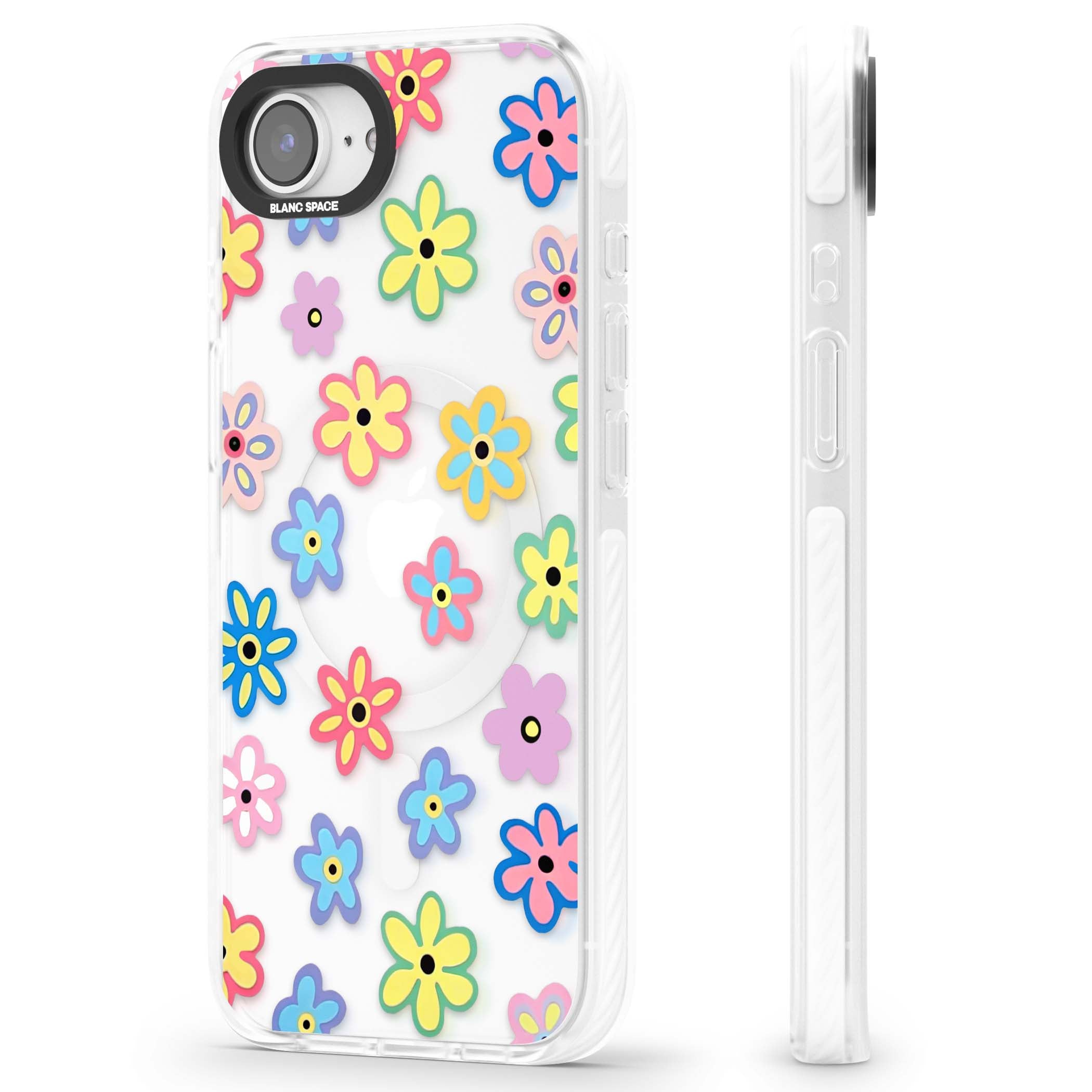 Bloom Pop cottagecore iPhone case featuring multicolor pastel flowers with black centers on clear background | Impact Magsafe case for iPhone 16e, iPhone 17e