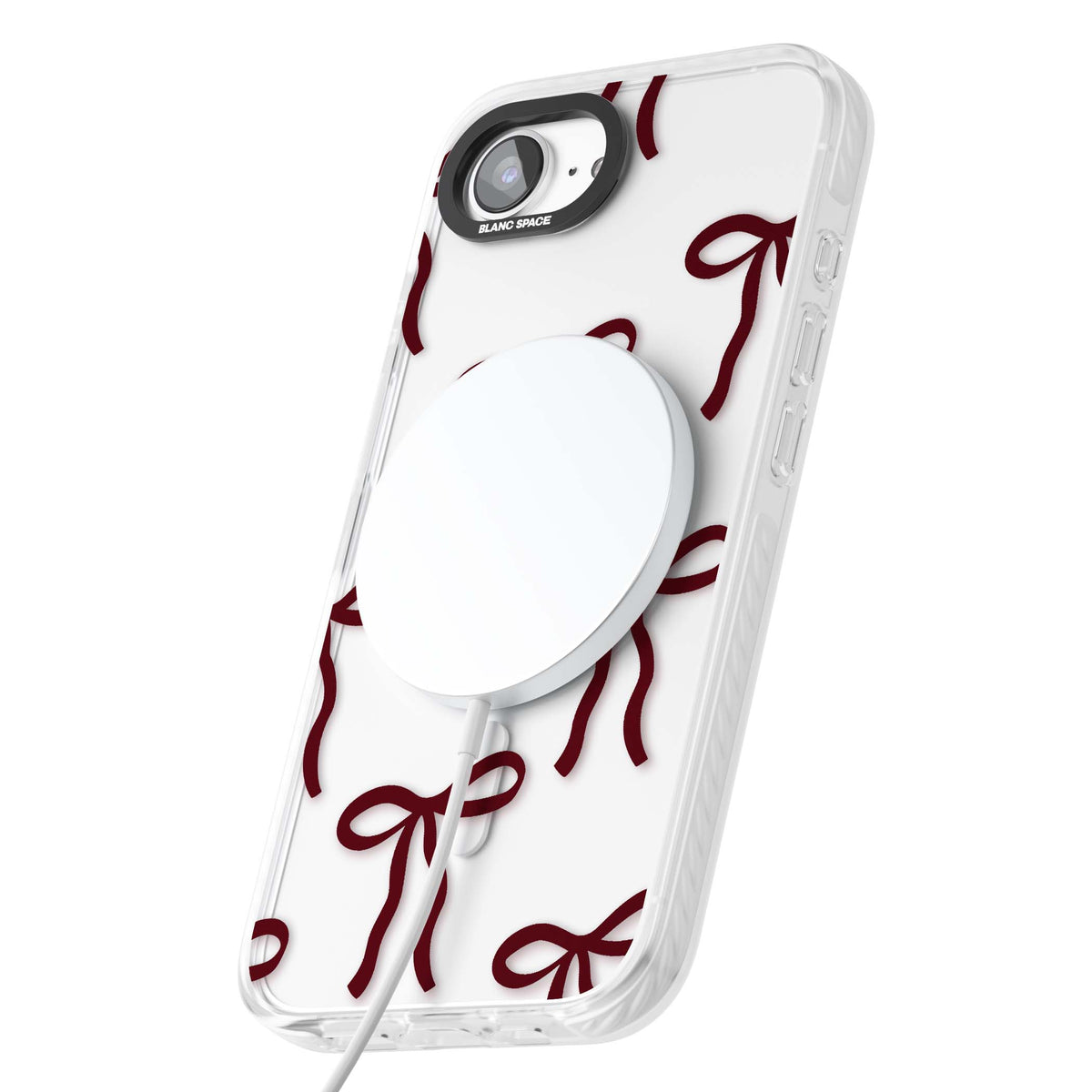 Burgundy Bows coquette iPhone case featuring hand-drawn burgundy red bows on a clear background | Impact Magsafe case for iPhone 16e, iPhone 17e