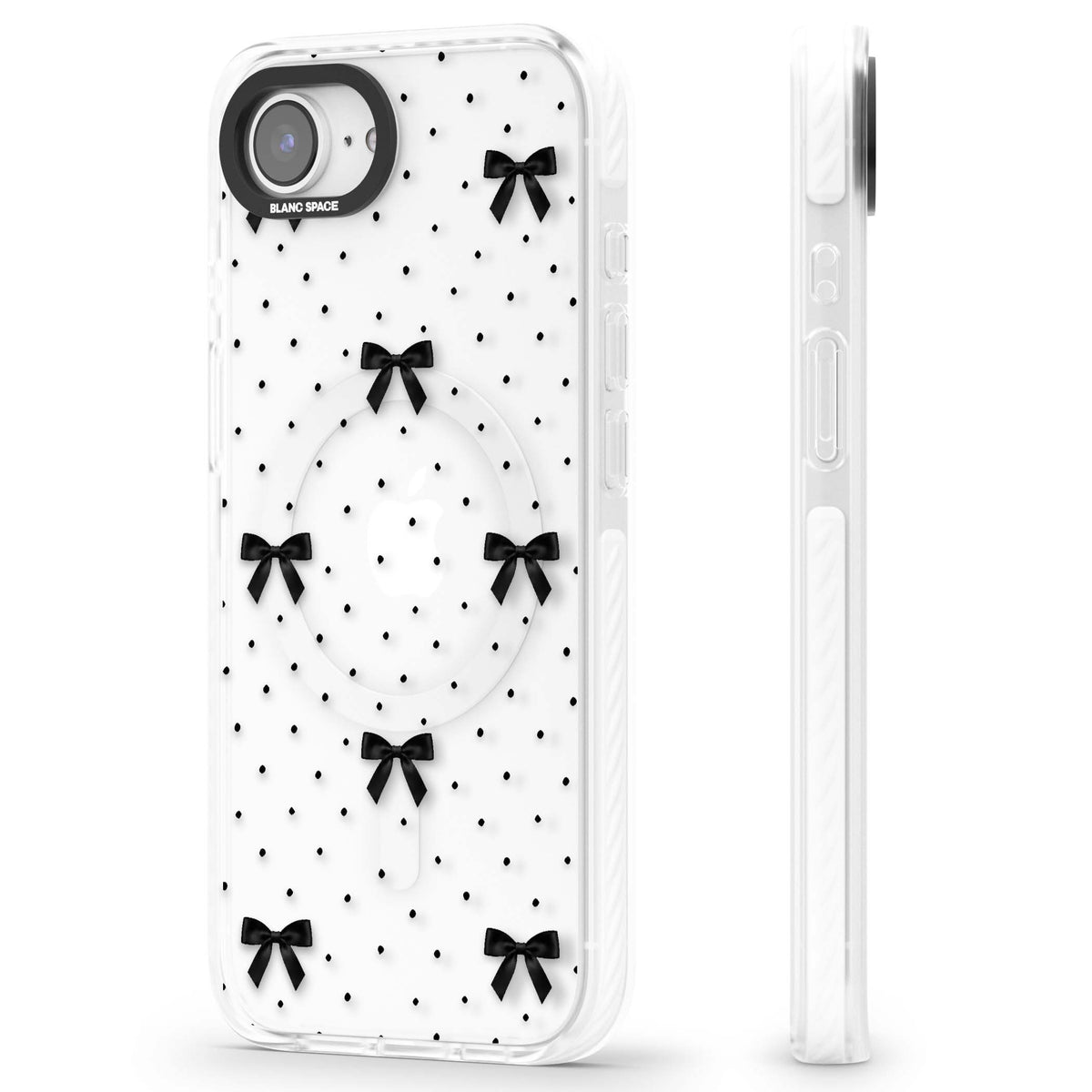 Black Polka Bows coquette iPhone case featuring scattered black satin bows and tiny polka dots on a clear base | Impact Magsafe case for iPhone 16e, iPhone 17e