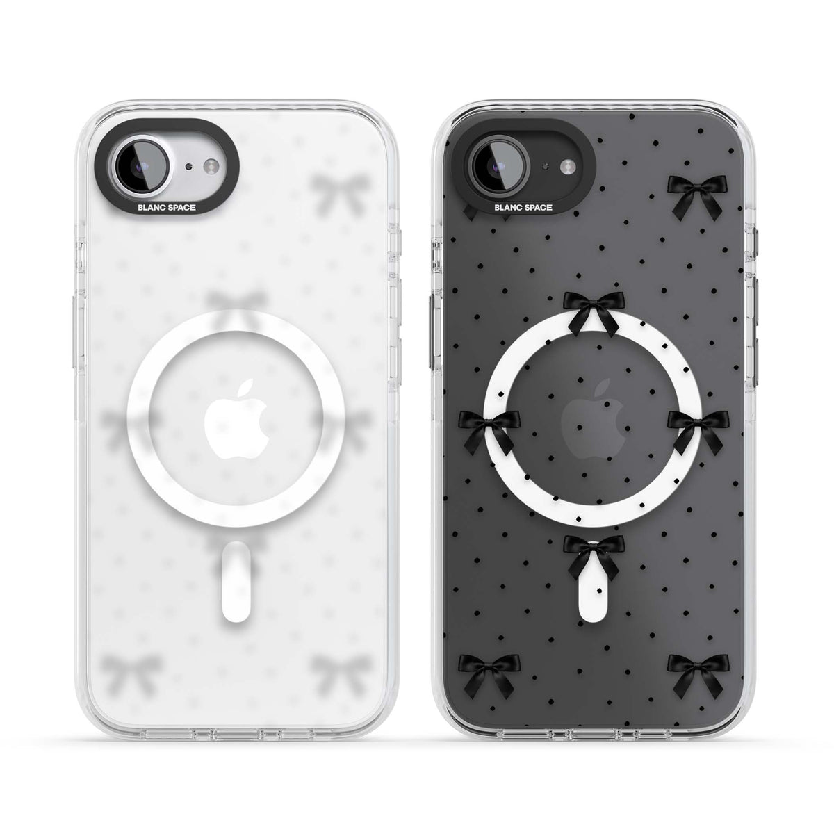 Black Polka Bows coquette iPhone case featuring scattered black satin bows and tiny polka dots on a clear base | Impact Magsafe case for iPhone 16e, iPhone 17e