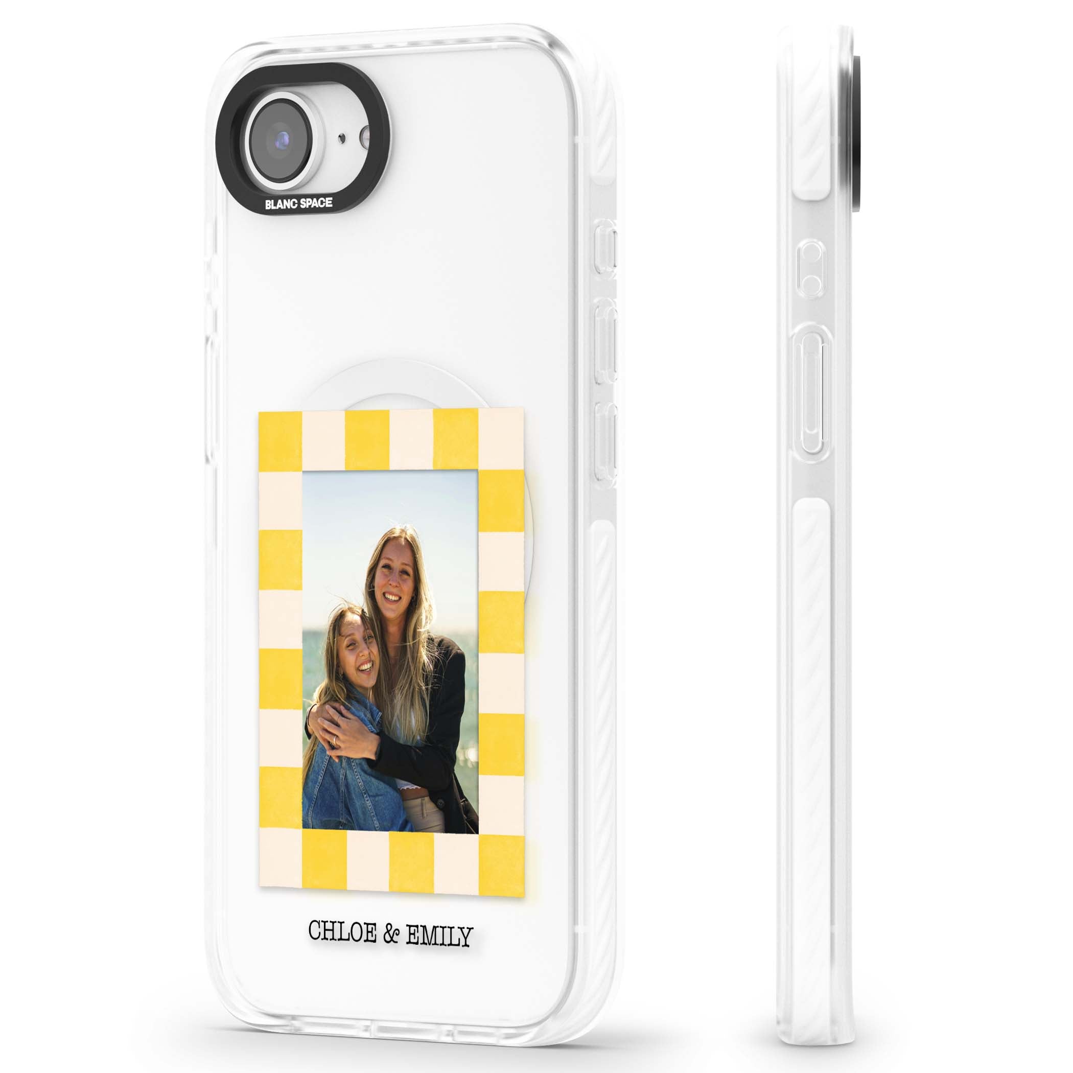 Yellow Check Photo personalised iPhone case with yellow checkered Polaroid frame and custom names beneath | Impact Magsafe case for iPhone 16e, iPhone 17e
