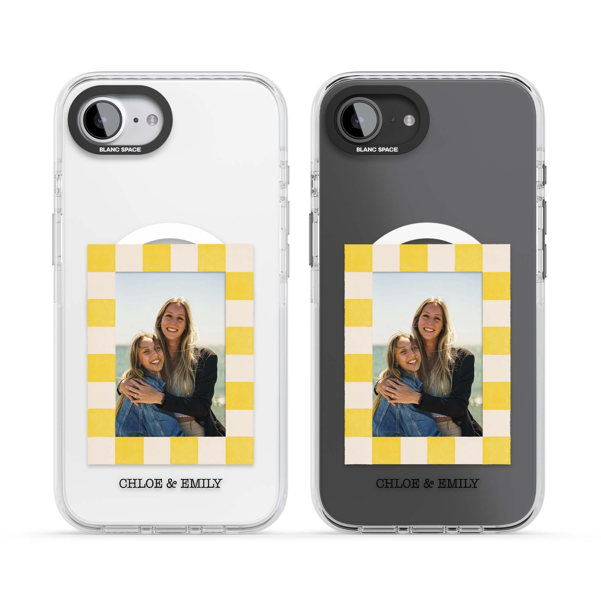 Yellow Check Photo personalised iPhone case with yellow checkered Polaroid frame and custom names beneath | Impact Magsafe case for iPhone 16e, iPhone 17e