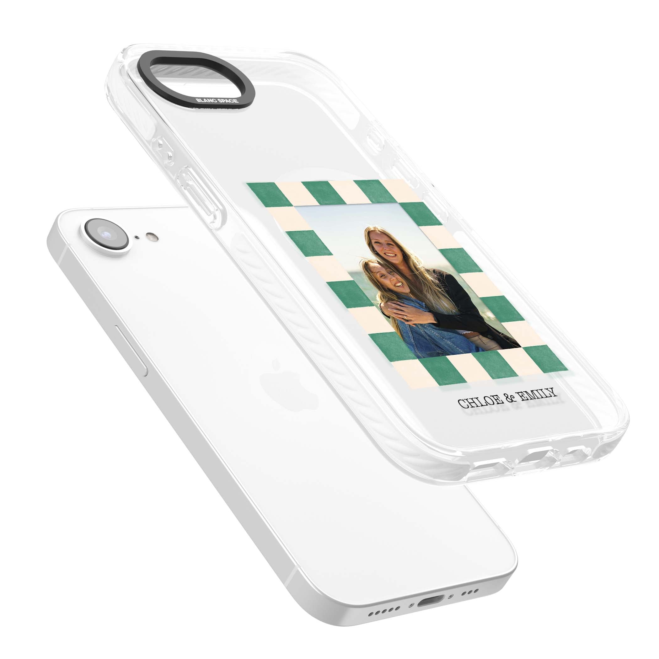 Seafoam Check Photo personalised iPhone case featuring a custom polaroid photo, green and cream checkered frame, and custom n | Impact Magsafe case for iPhone 16e, iPhone 17e
