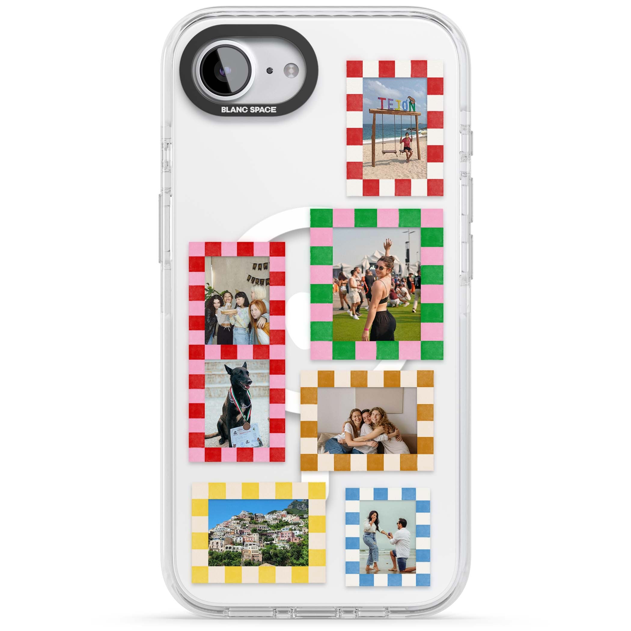 Italian Check Frames custom photo collage iPhone case featuring six checkered photo frames in red, green, pink and  | Impact Magsafe case for iPhone 16e, iPhone 17e
