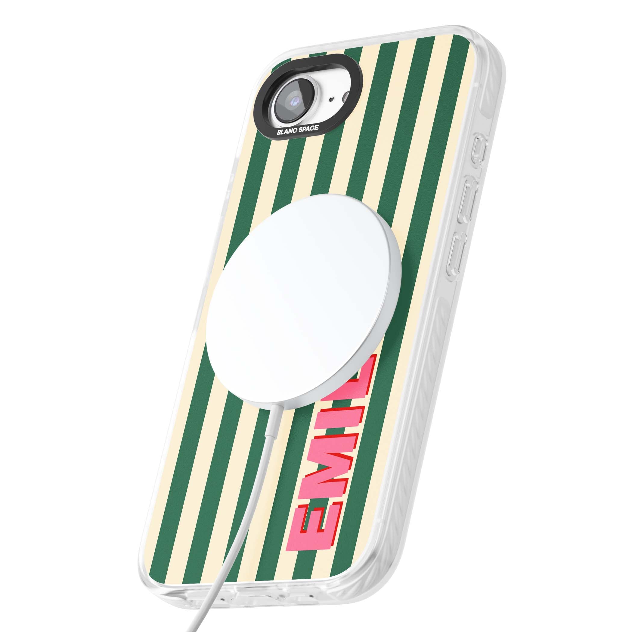 Wimbledon Stripe preppy iPhone case featuring green and cream vertical stripes with a personalised pink name | Impact Magsafe case for iPhone 16e, iPhone 17e