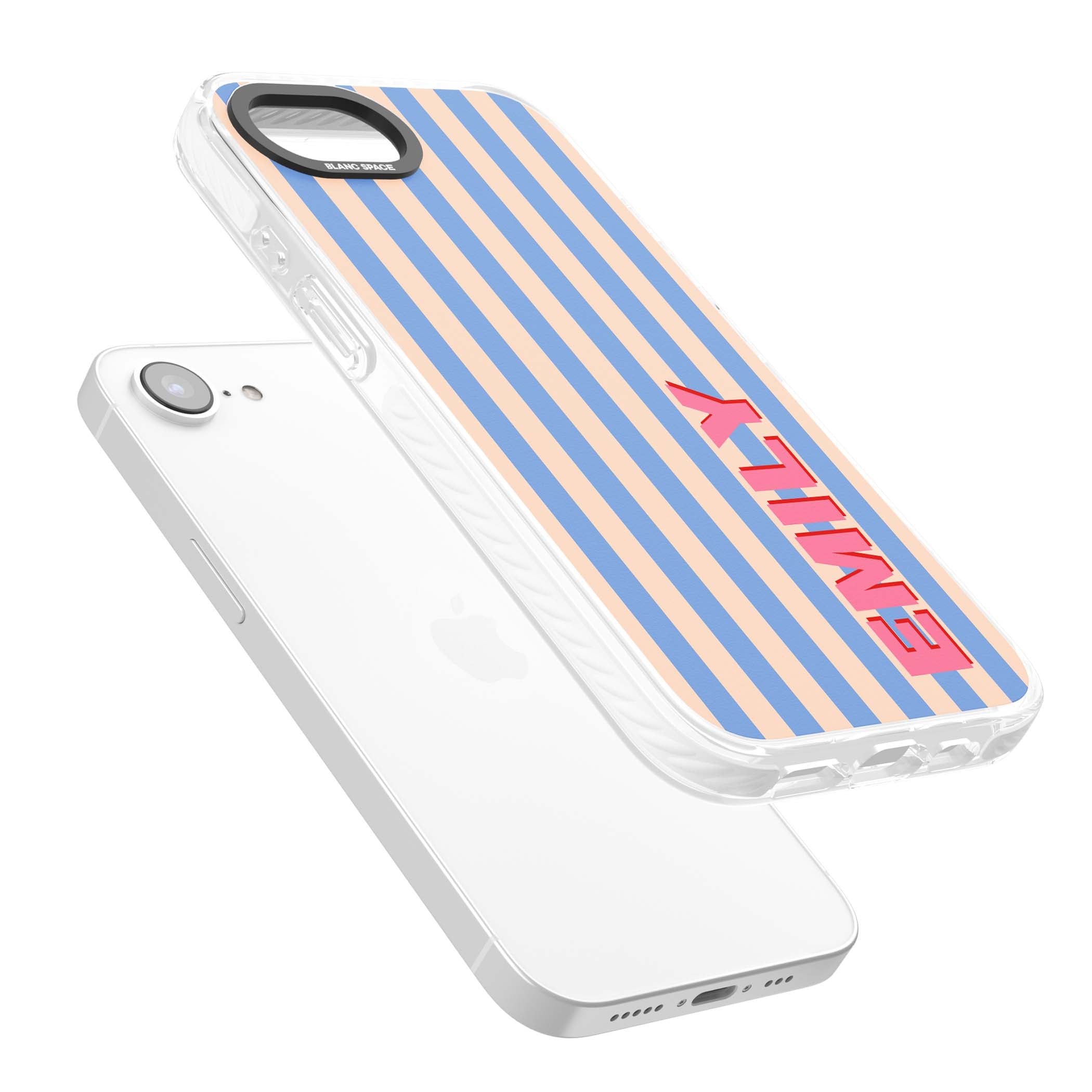 Coastal Stripe personalised coastal iPhone case with blue and peach vertical stripes and custom pink name | Impact Magsafe case for iPhone 16e, iPhone 17e