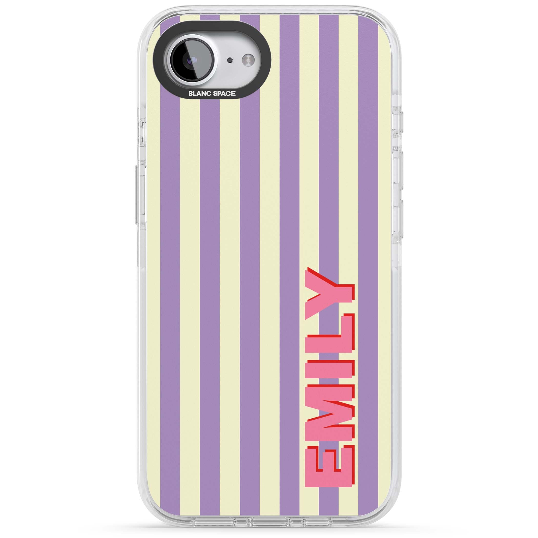 Valensole Stripe personalised iPhone case with purple and cream vertical stripes and pink custom name | Impact Magsafe case for iPhone 16e, iPhone 17e