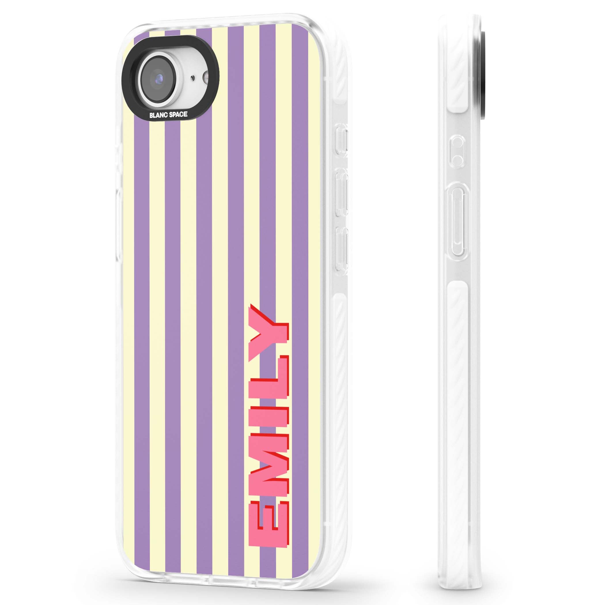 Valensole Stripe personalised iPhone case with purple and cream vertical stripes and pink custom name | Impact Magsafe case for iPhone 16e, iPhone 17e