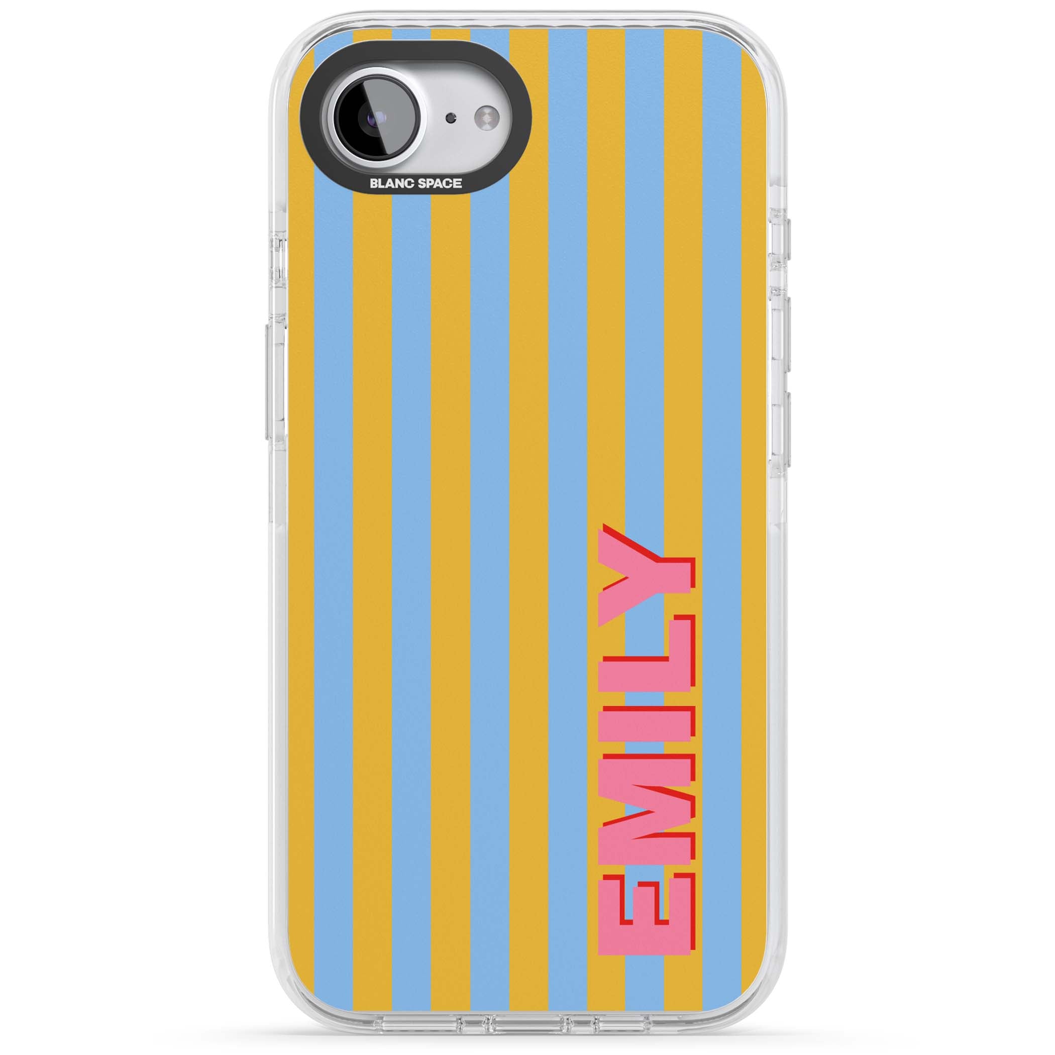 Carribean Stripe personalised coastal iPhone case with yellow and blue vertical stripes and a custom pink name | Impact Magsafe case for iPhone 16e, iPhone 17e