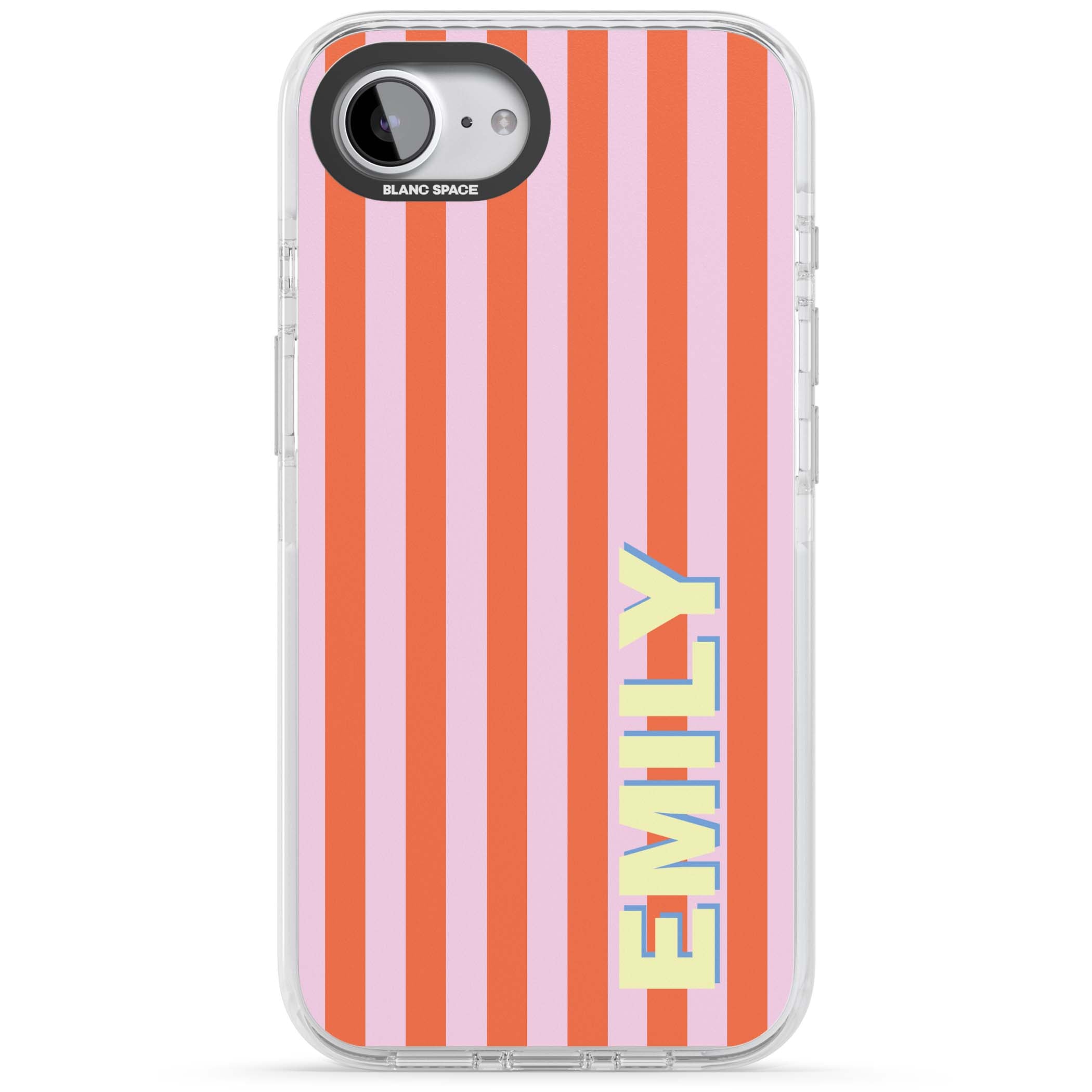 Havana Stripe personalised iPhone case featuring pink and orange vertical stripes with a custom yellow name | Impact Magsafe case for iPhone 16e, iPhone 17e