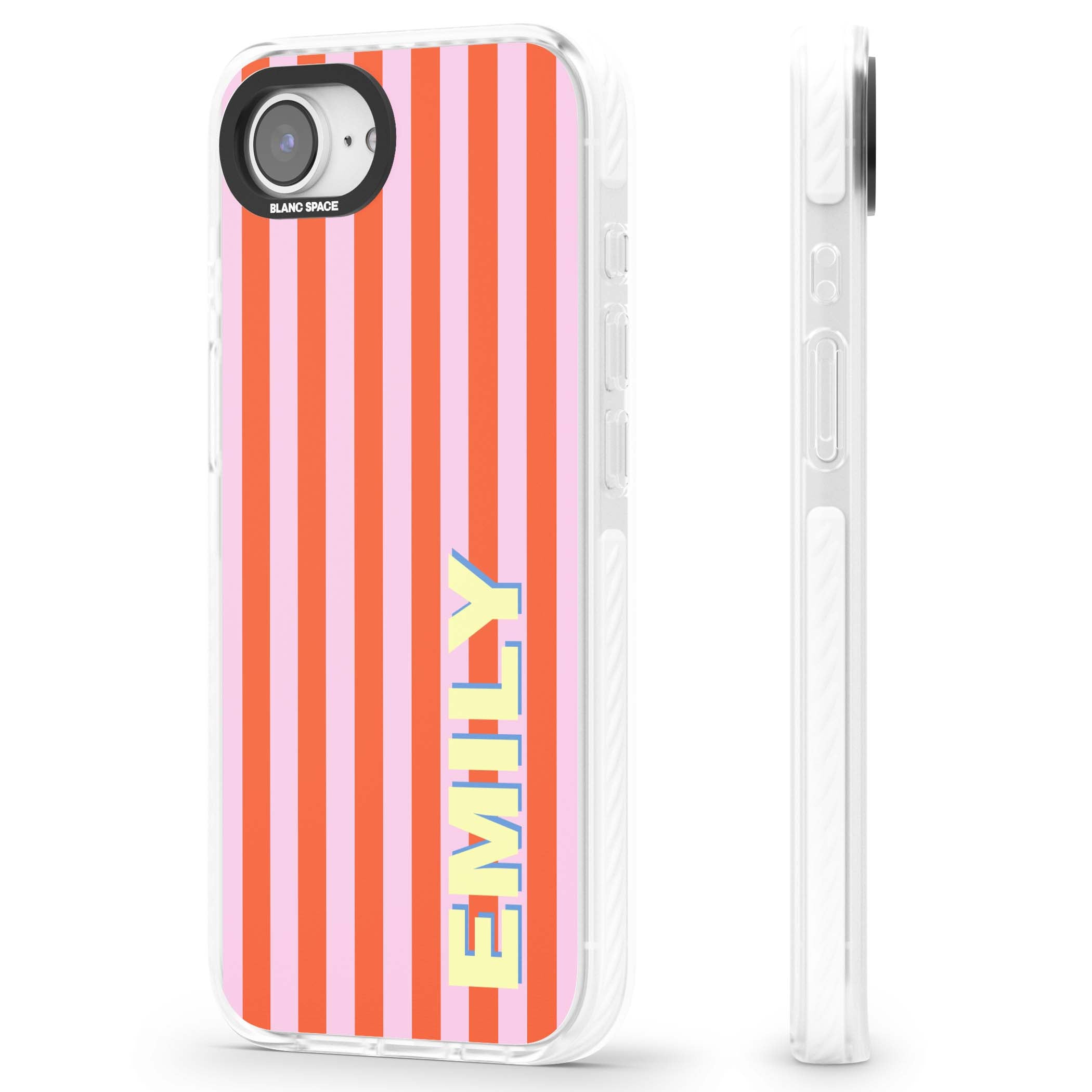 Havana Stripe personalised iPhone case featuring pink and orange vertical stripes with a custom yellow name | Impact Magsafe case for iPhone 16e, iPhone 17e