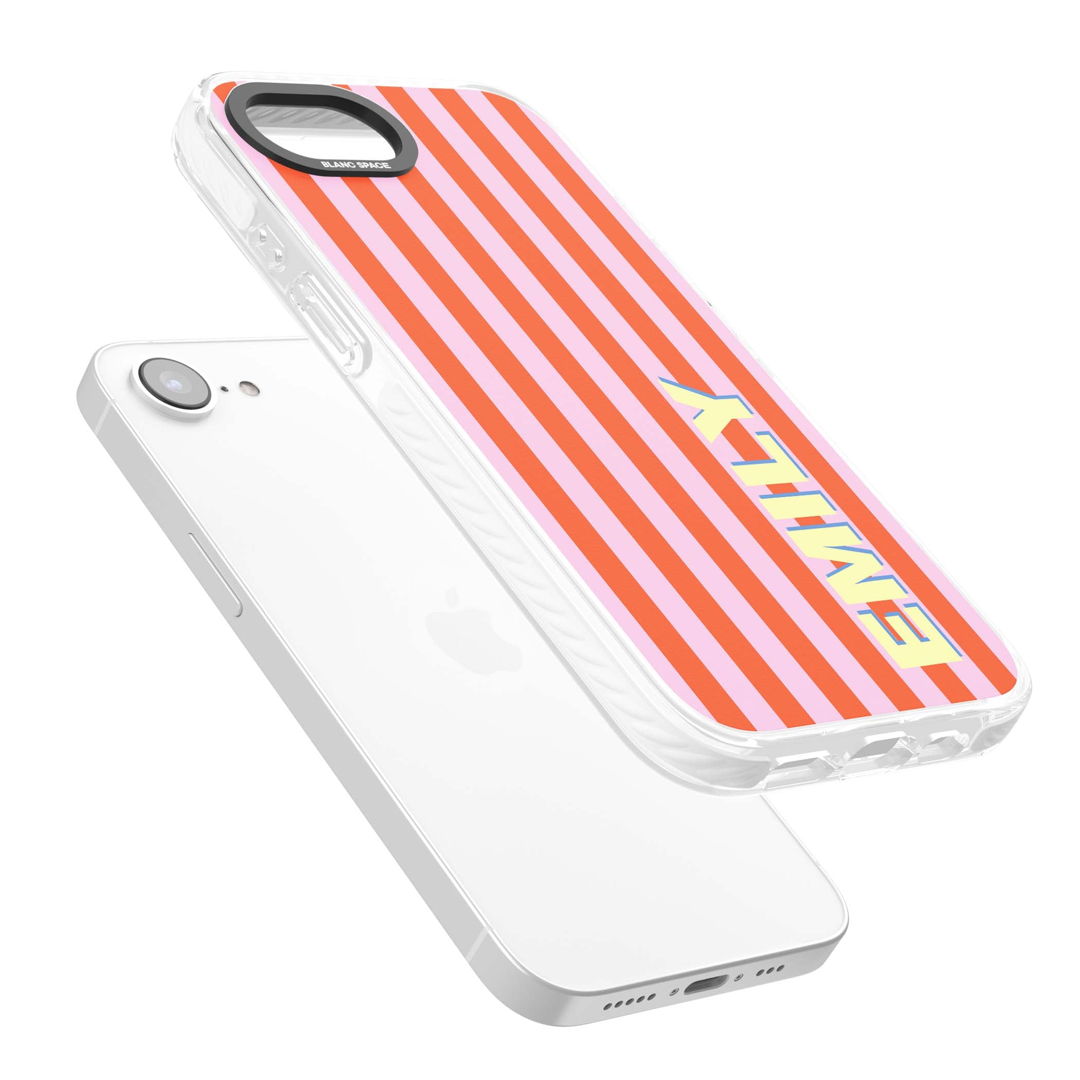 Havana Stripe personalised iPhone case featuring pink and orange vertical stripes with a custom yellow name | Impact Magsafe case for iPhone 16e, iPhone 17e