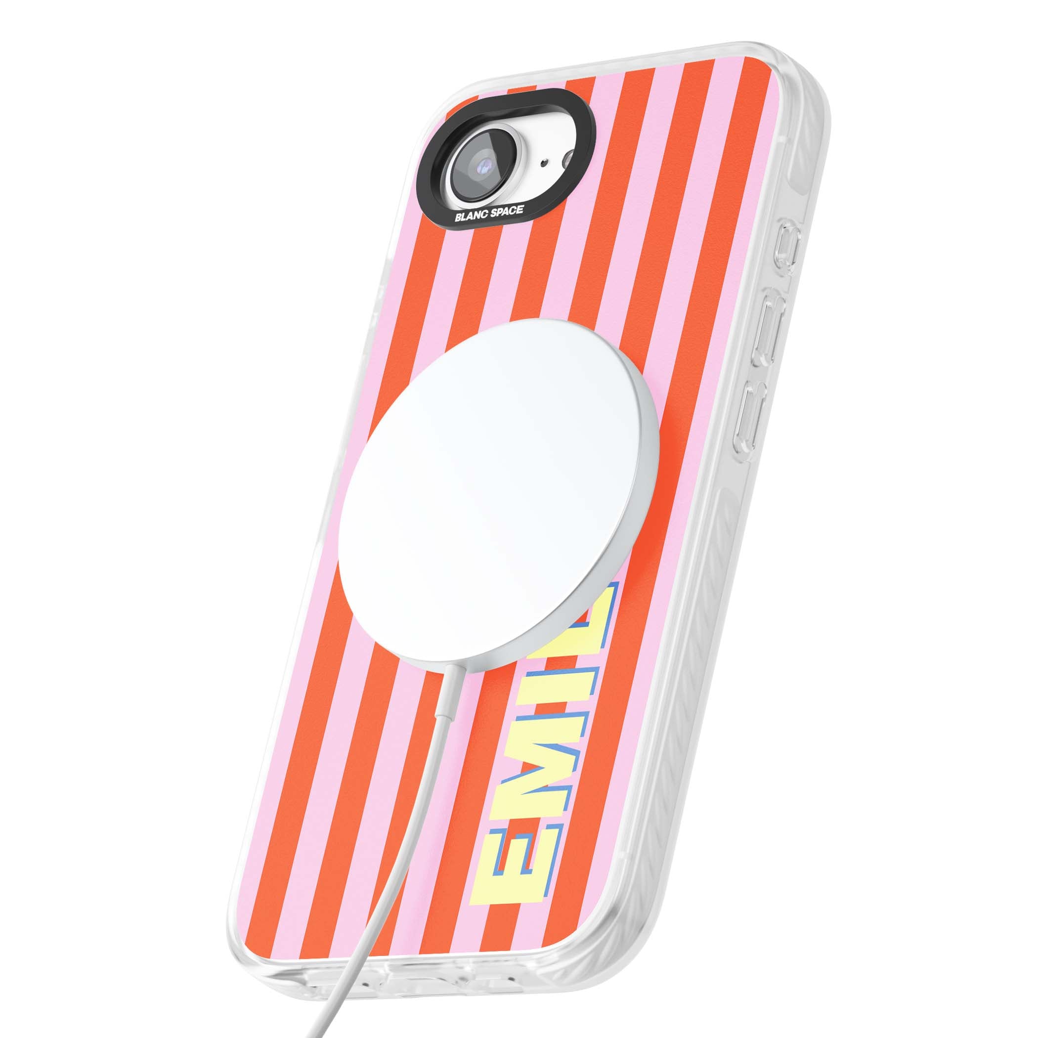 Havana Stripe personalised iPhone case featuring pink and orange vertical stripes with a custom yellow name | Impact Magsafe case for iPhone 16e, iPhone 17e