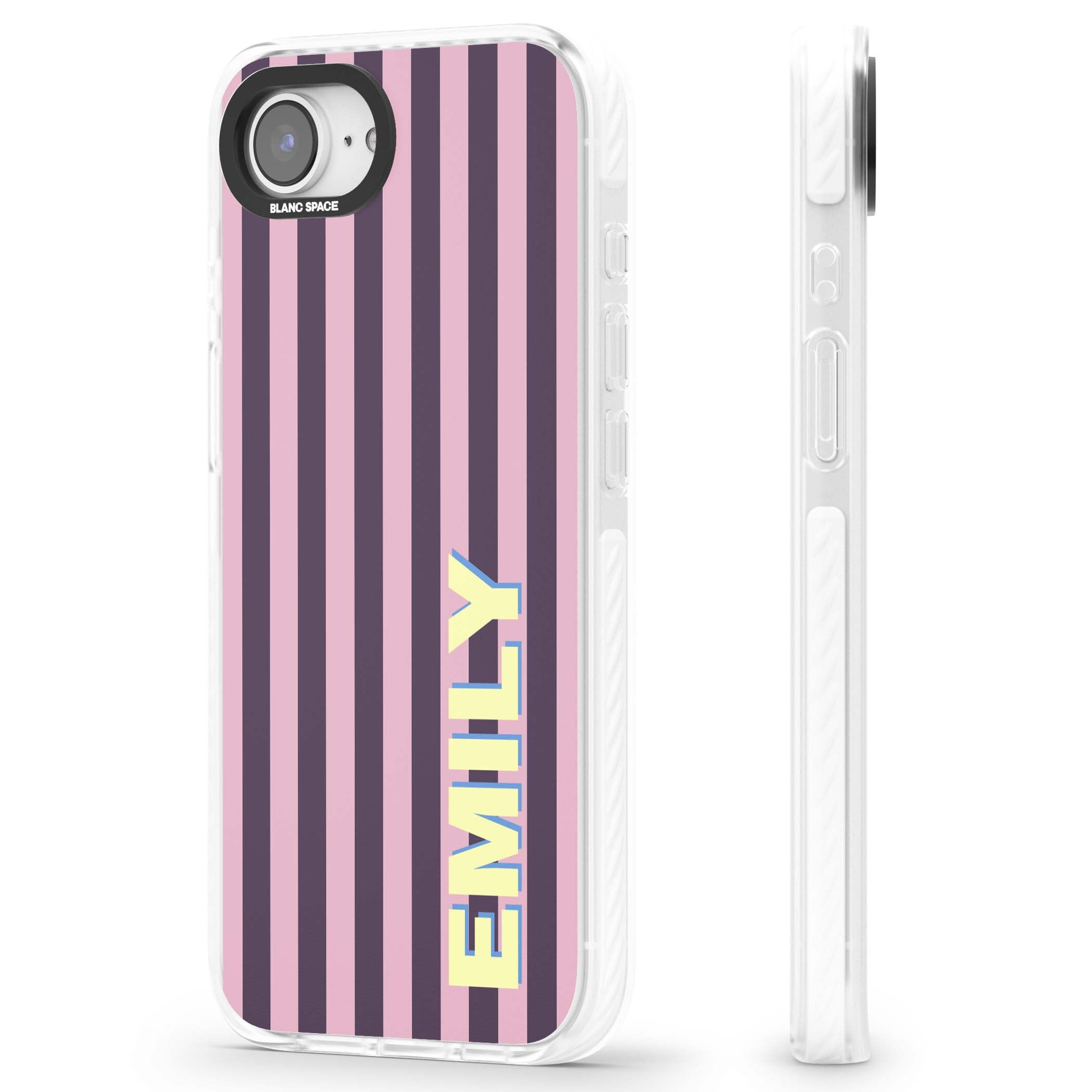 Tyre Stripe personalised stripe iPhone case with plum and pink vertical stripes and custom yellow name | Impact Magsafe case for iPhone 16e, iPhone 17e