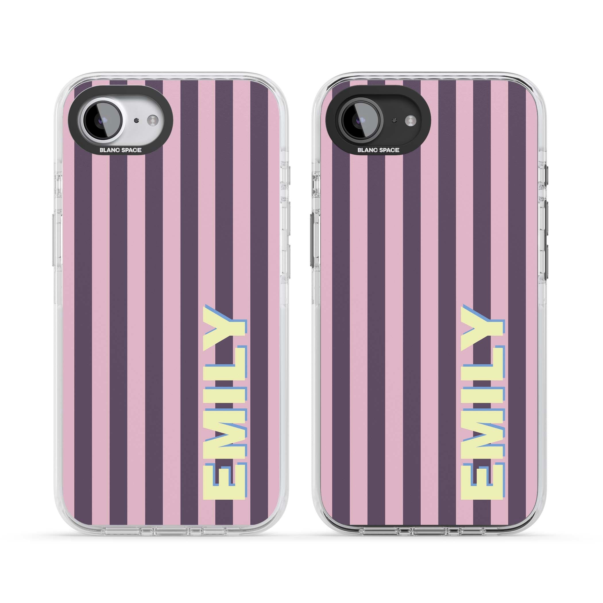 Tyre Stripe personalised stripe iPhone case with plum and pink vertical stripes and custom yellow name | Impact Magsafe case for iPhone 16e, iPhone 17e