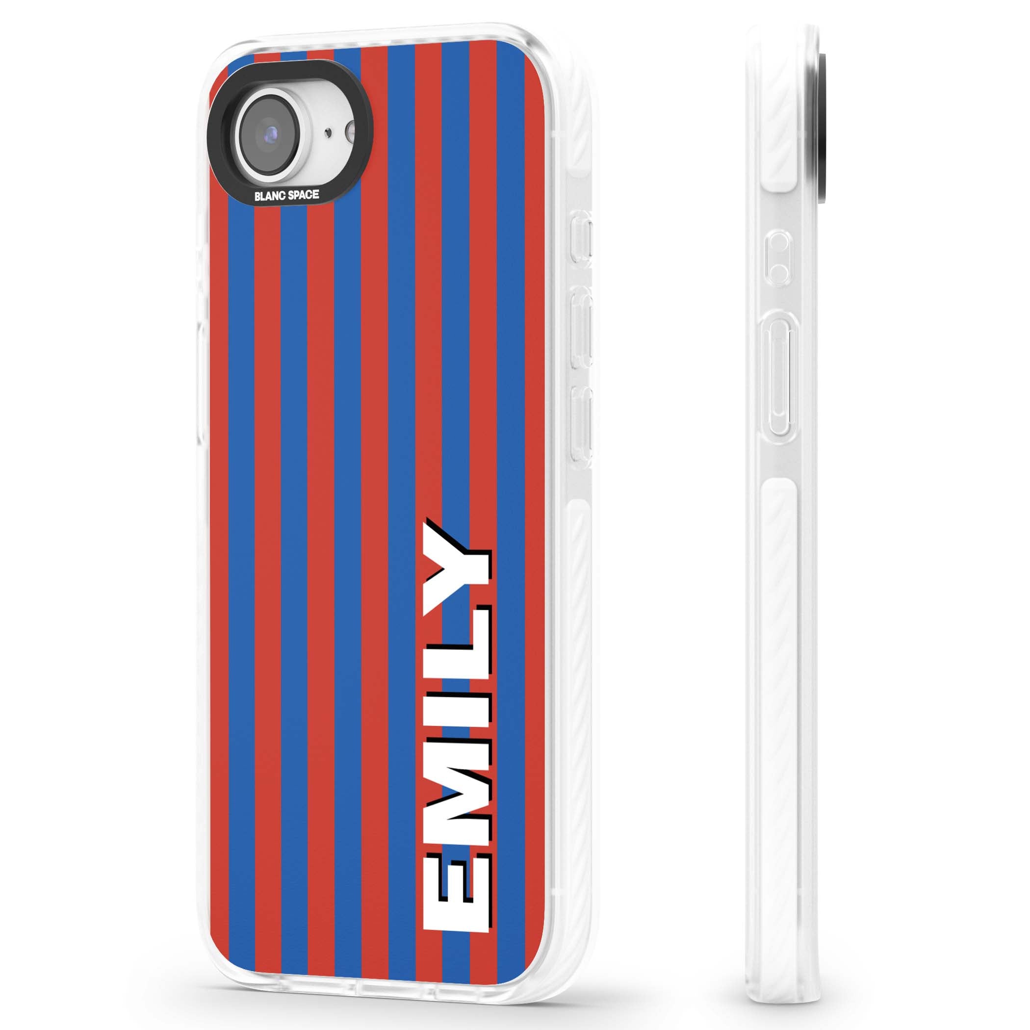 Cuban Stripe personalised iPhone case featuring red and blue vertical stripes with custom name in bold white letters | Impact Magsafe case for iPhone 16e, iPhone 17e