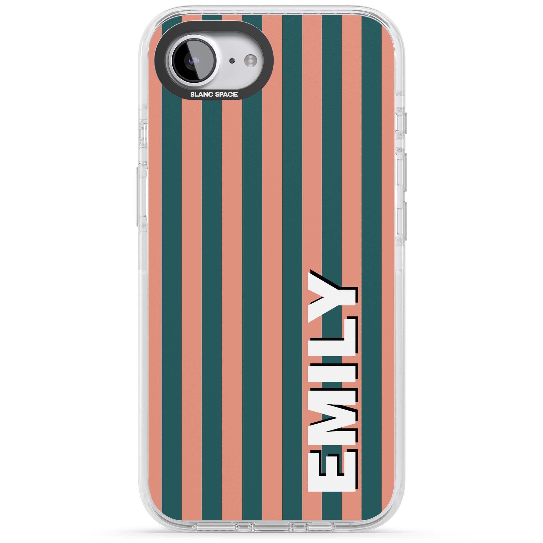 Tuscan Stripe personalised iPhone case featuring coral and green vertical stripes with bold custom name | Impact Magsafe case for iPhone 16e, iPhone 17e