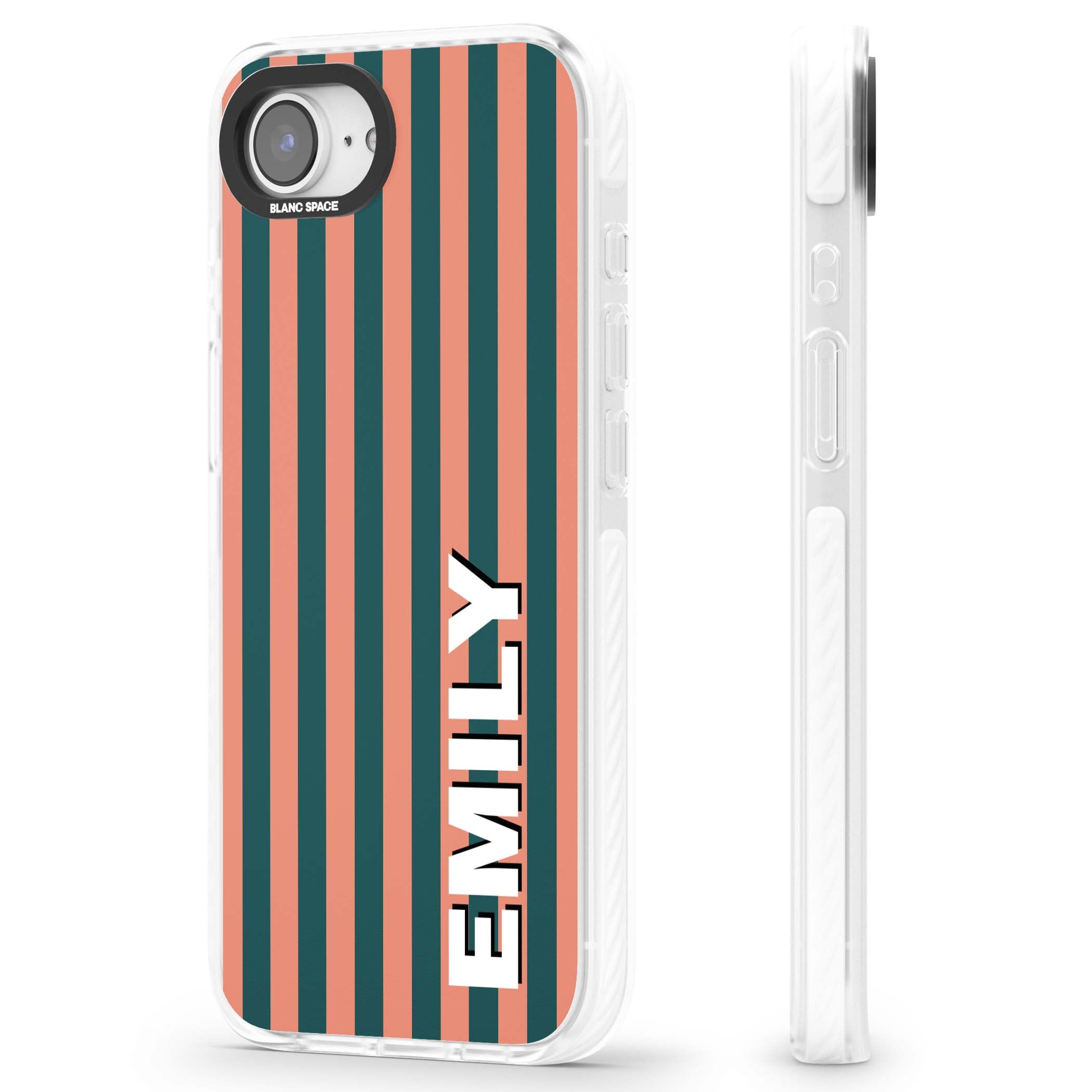 Tuscan Stripe personalised iPhone case featuring coral and green vertical stripes with bold custom name | Impact Magsafe case for iPhone 16e, iPhone 17e