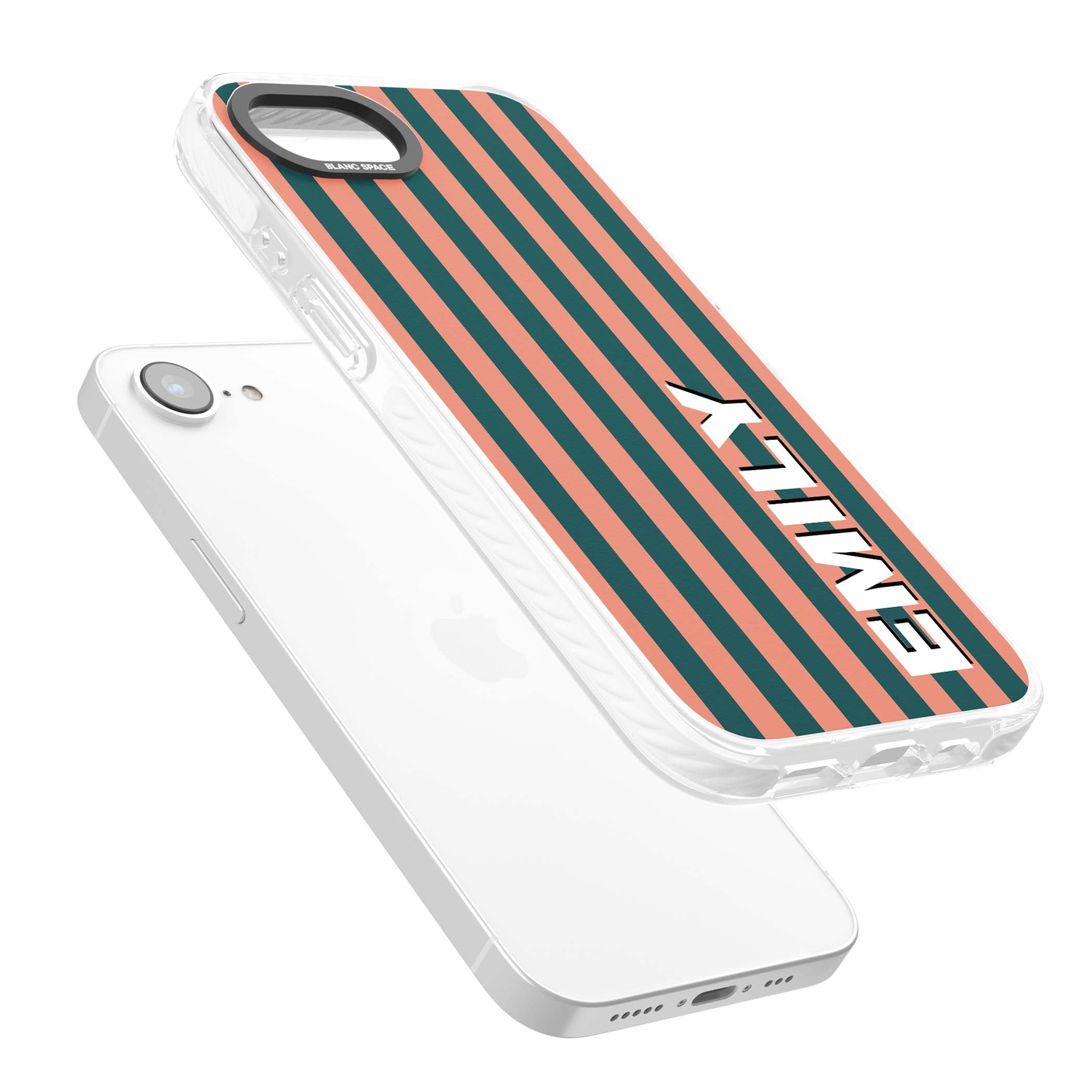 Tuscan Stripe personalised iPhone case featuring coral and green vertical stripes with bold custom name | Impact Magsafe case for iPhone 16e, iPhone 17e