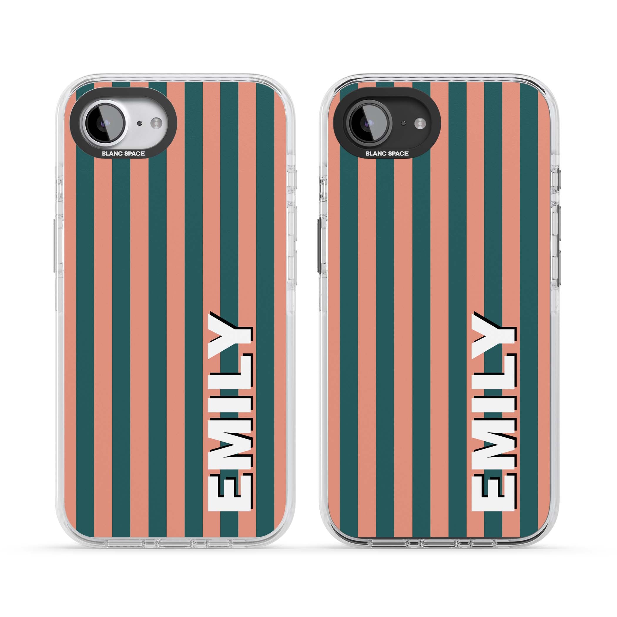 Tuscan Stripe personalised iPhone case featuring coral and green vertical stripes with bold custom name | Impact Magsafe case for iPhone 16e, iPhone 17e