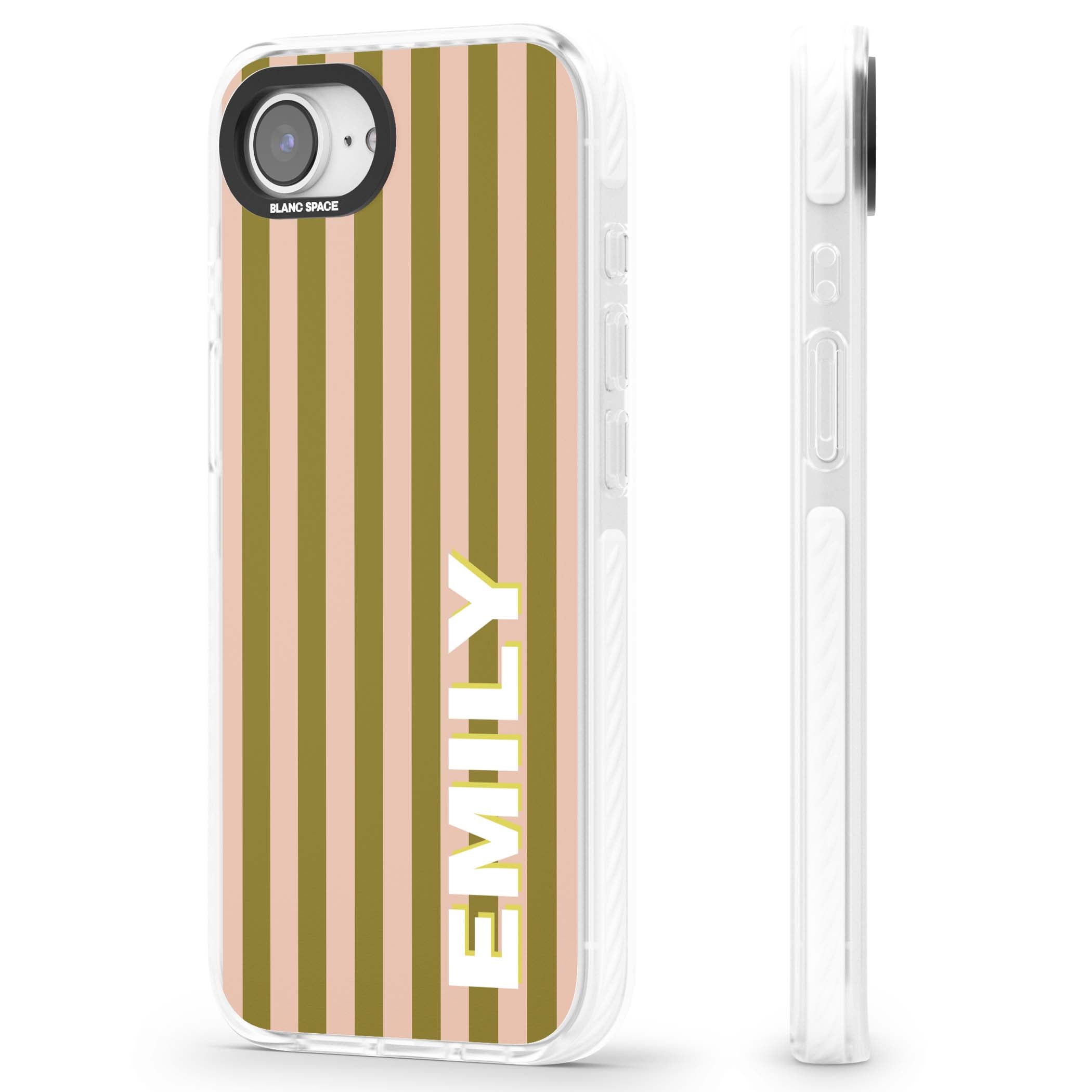 Indian Stripe personalised iPhone case featuring olive green and blush pink vertical stripes with custom name in whit | Impact Magsafe case for iPhone 16e, iPhone 17e