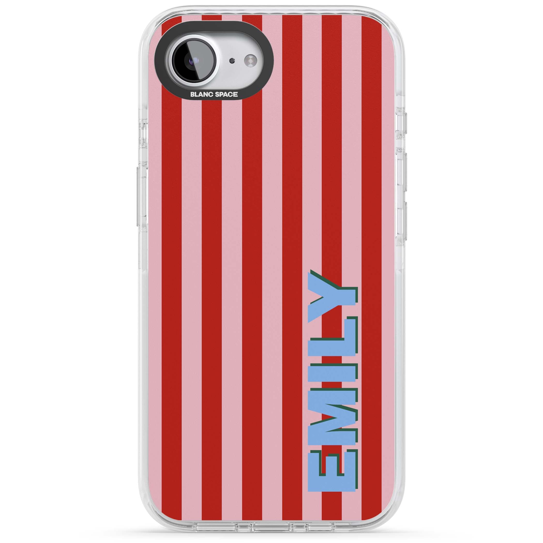 Market Stripe personalised iPhone case with red and pink vertical stripes and custom blue name | Impact Magsafe case for iPhone 16e, iPhone 17e