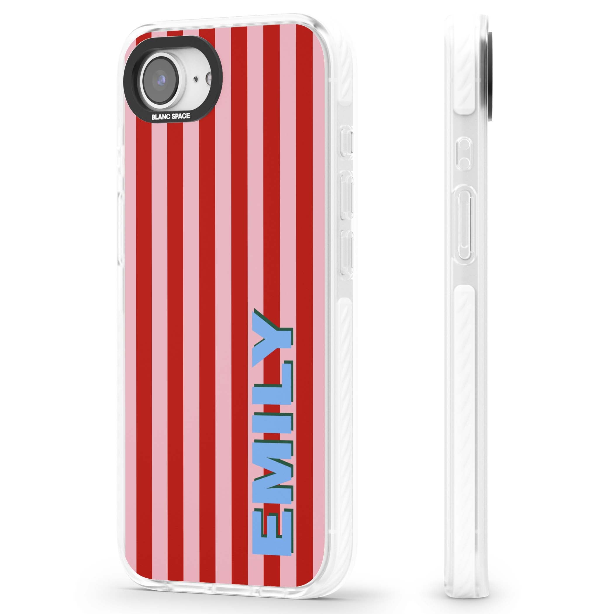 Market Stripe personalised iPhone case with red and pink vertical stripes and custom blue name | Impact Magsafe case for iPhone 16e, iPhone 17e