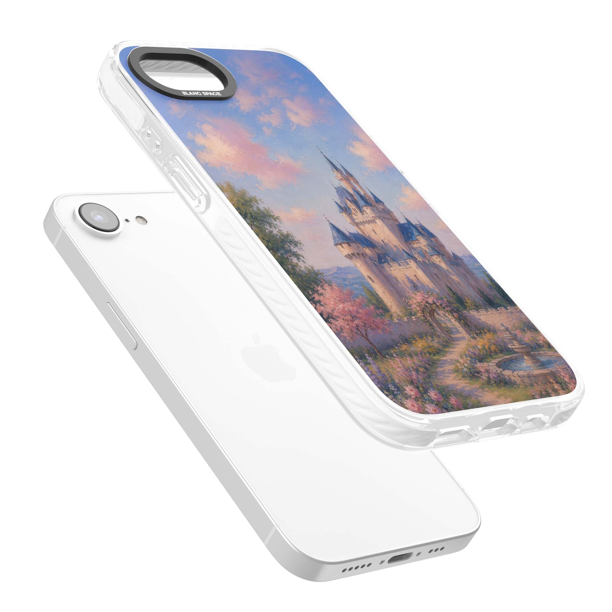 Enchanted Kingdom fairytale iPhone case featuring a romantic castle painting with cherry blossoms and pastel pink sky | Impact Magsafe case for iPhone 16e, iPhone 17e
