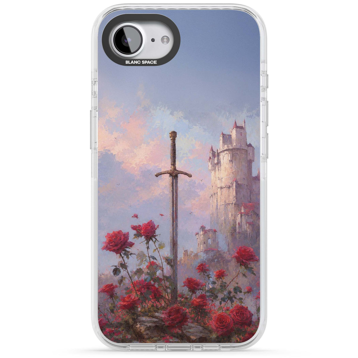 Sword in Roses medieval art iPhone case featuring a sword, red roses, and a misty fairytale castle at sunset | Impact Magsafe case for iPhone 16e, iPhone 17e