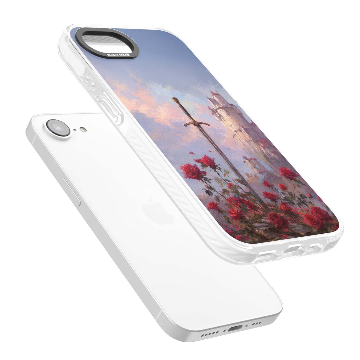 Sword in Roses medieval art iPhone case featuring a sword, red roses, and a misty fairytale castle at sunset | Impact Magsafe case for iPhone 16e, iPhone 17e