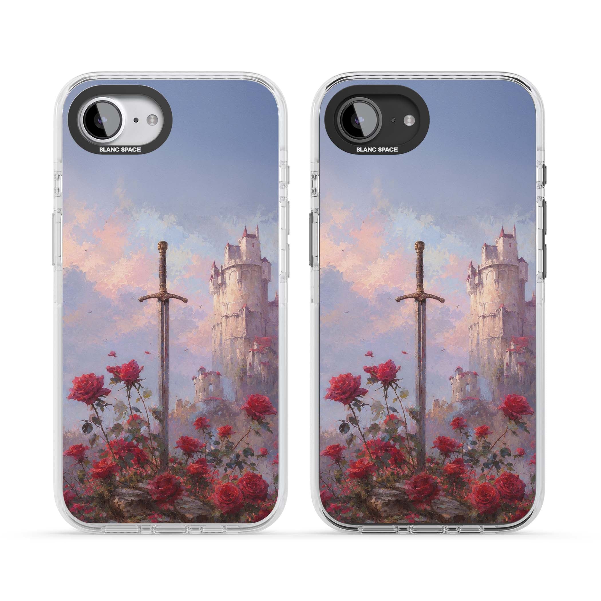 Sword in Roses medieval art iPhone case featuring a sword, red roses, and a misty fairytale castle at sunset | Impact Magsafe case for iPhone 16e, iPhone 17e