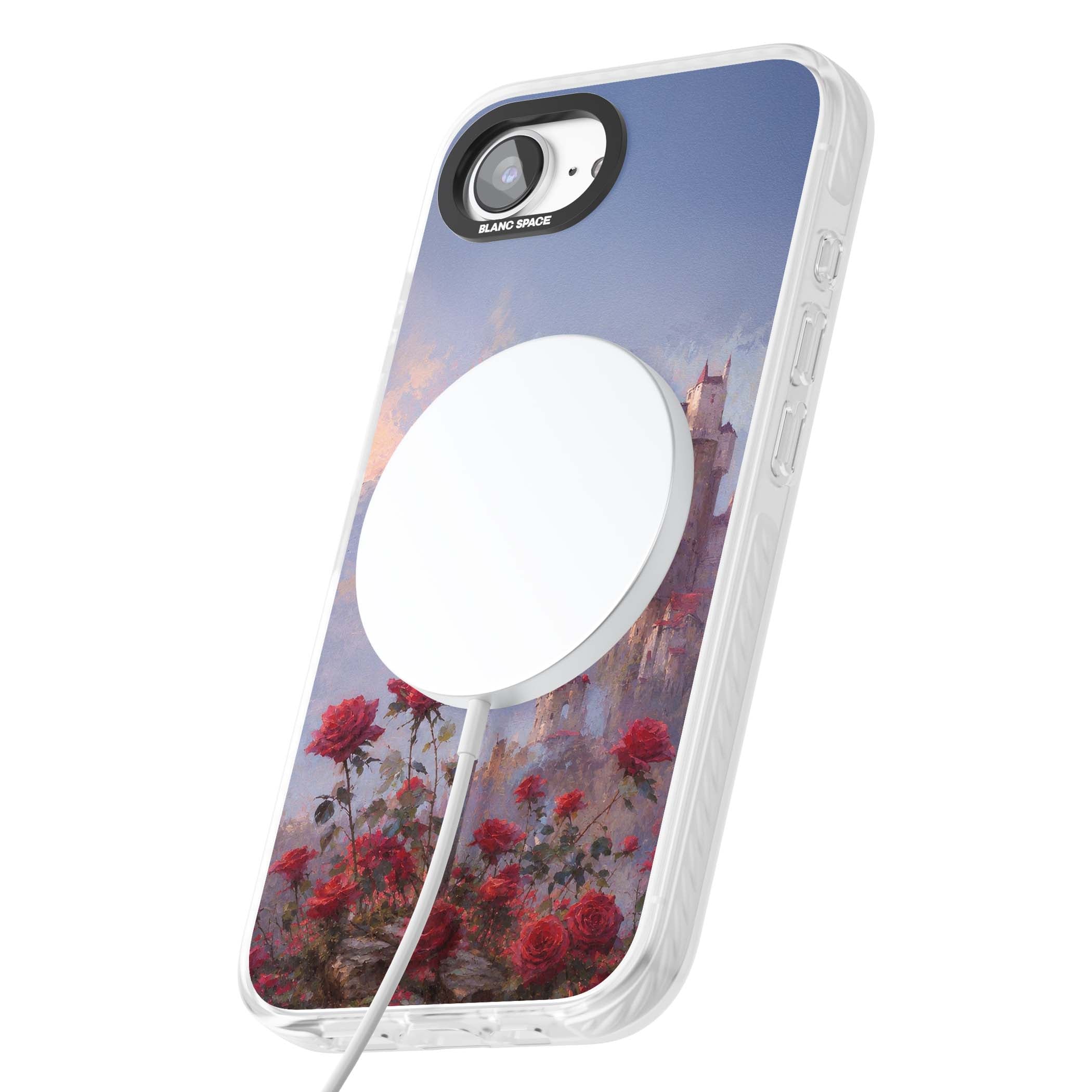 Sword in Roses medieval art iPhone case featuring a sword, red roses, and a misty fairytale castle at sunset | Impact Magsafe case for iPhone 16e, iPhone 17e