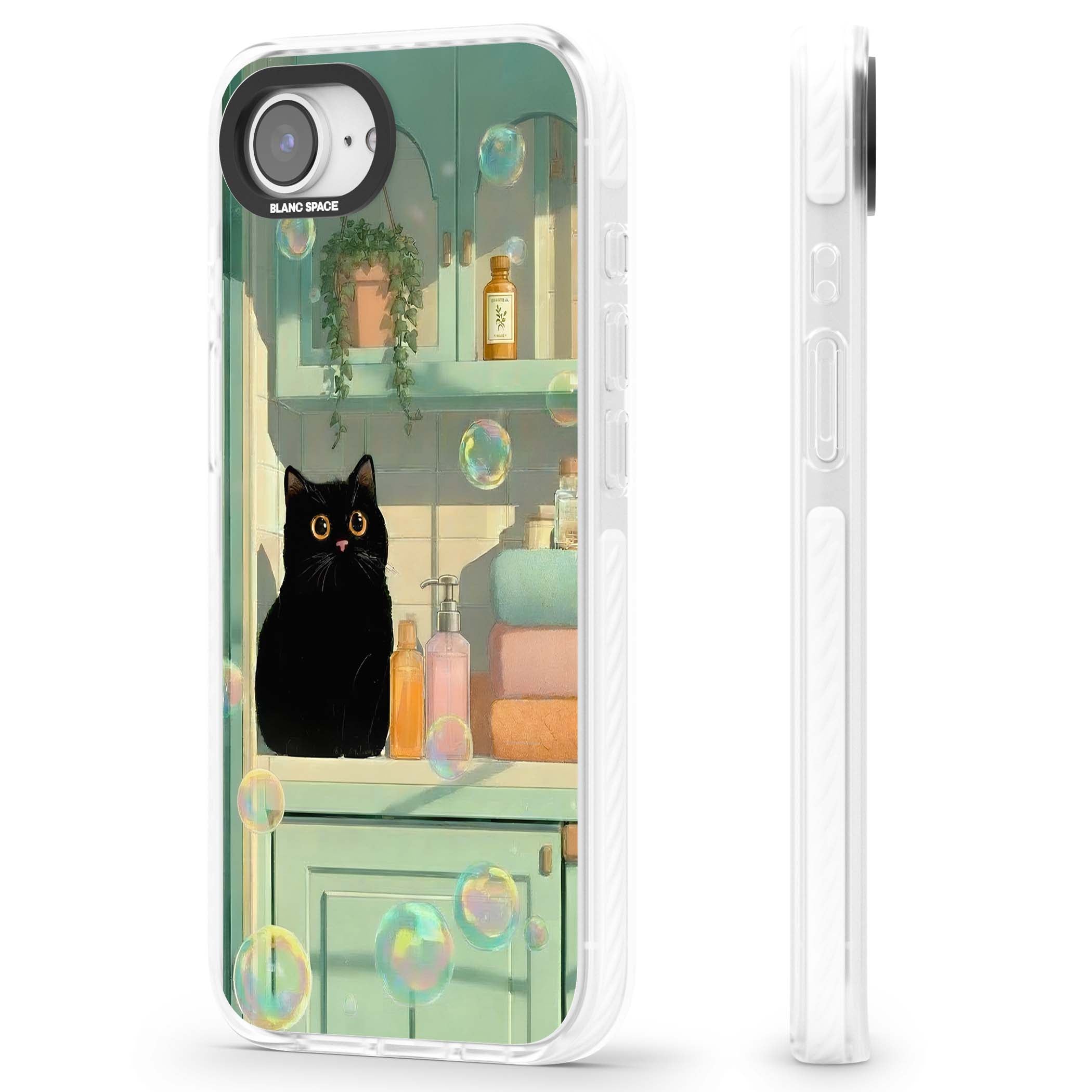Bathroom Bubble Kitty cottagecore iPhone case featuring a black cat, mint bathroom scene and floating soap bubbles | Impact Magsafe case for iPhone 16e, iPhone 17e