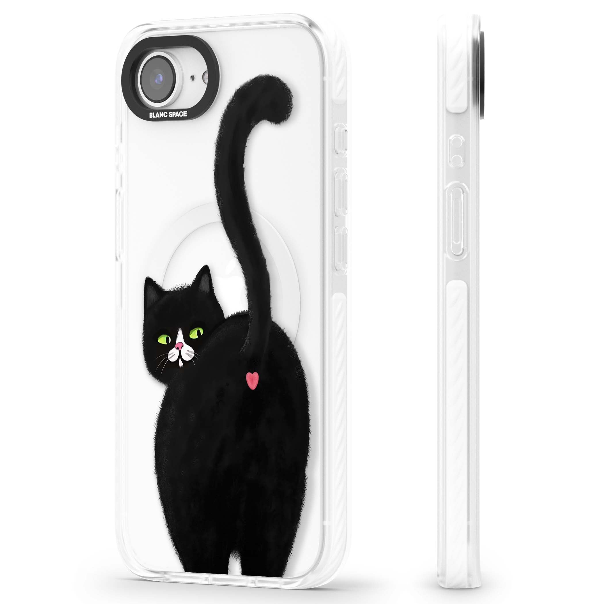 The Cat's Kiss cute cat iPhone case featuring a hand-painted tuxedo kitty with green eyes and a pink heart on a clear  | Impact Magsafe case for iPhone 16e, iPhone 17e