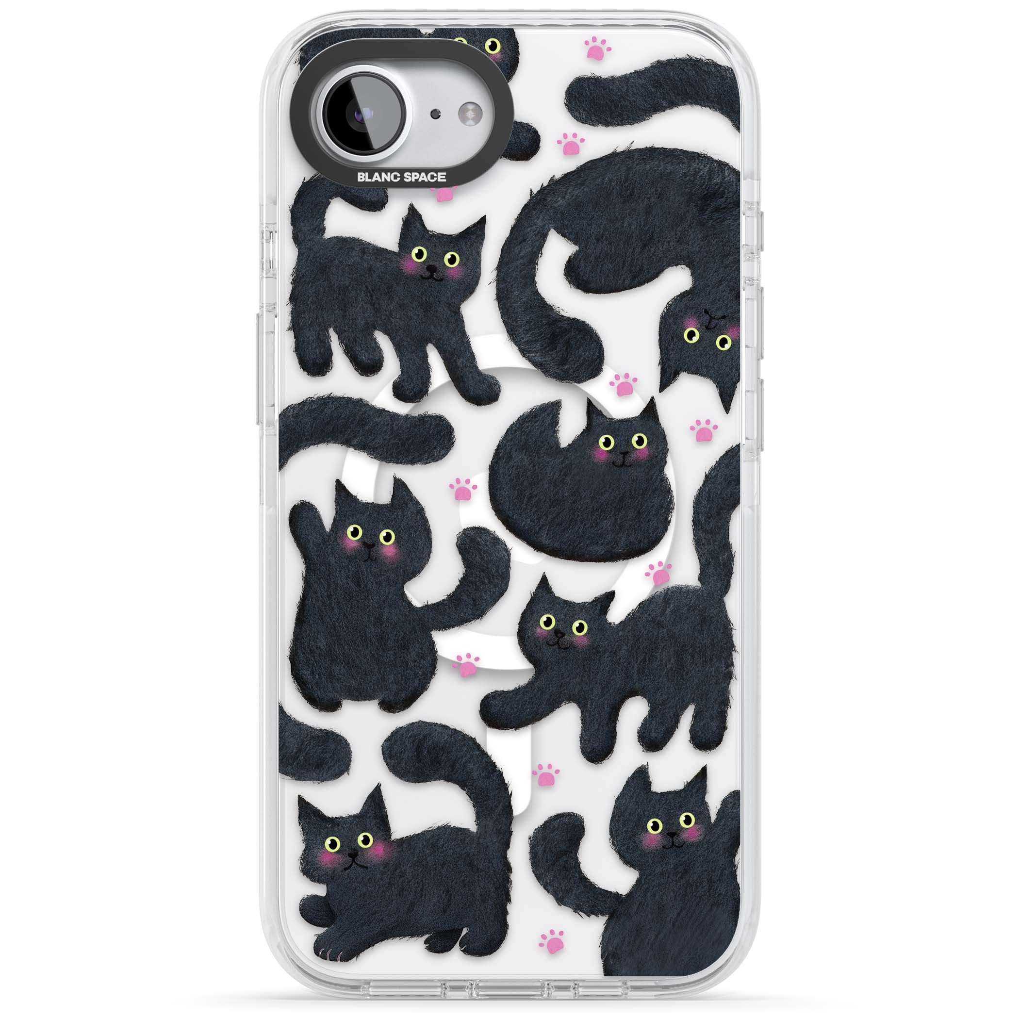 Midnight Cats cute iPhone case featuring black cat pattern with yellow eyes and pink paw prints | Impact Magsafe case for iPhone 16e, iPhone 17e