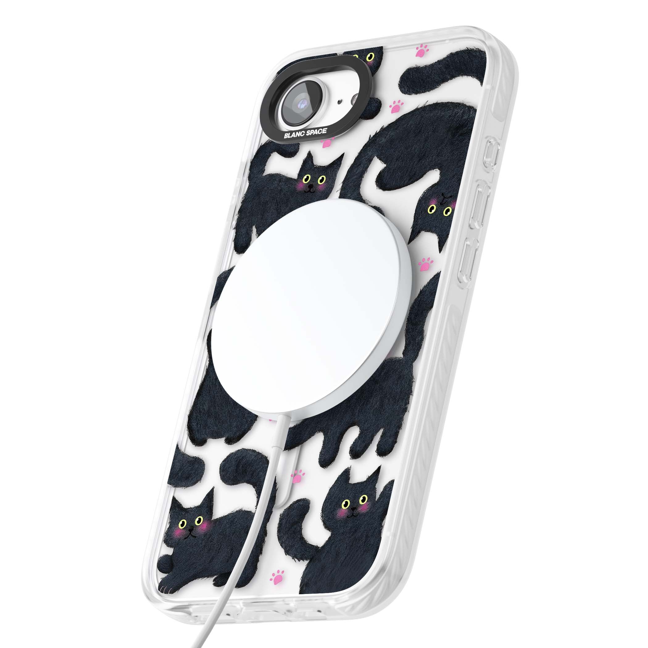 Midnight Cats cute iPhone case featuring black cat pattern with yellow eyes and pink paw prints | Impact Magsafe case for iPhone 16e, iPhone 17e