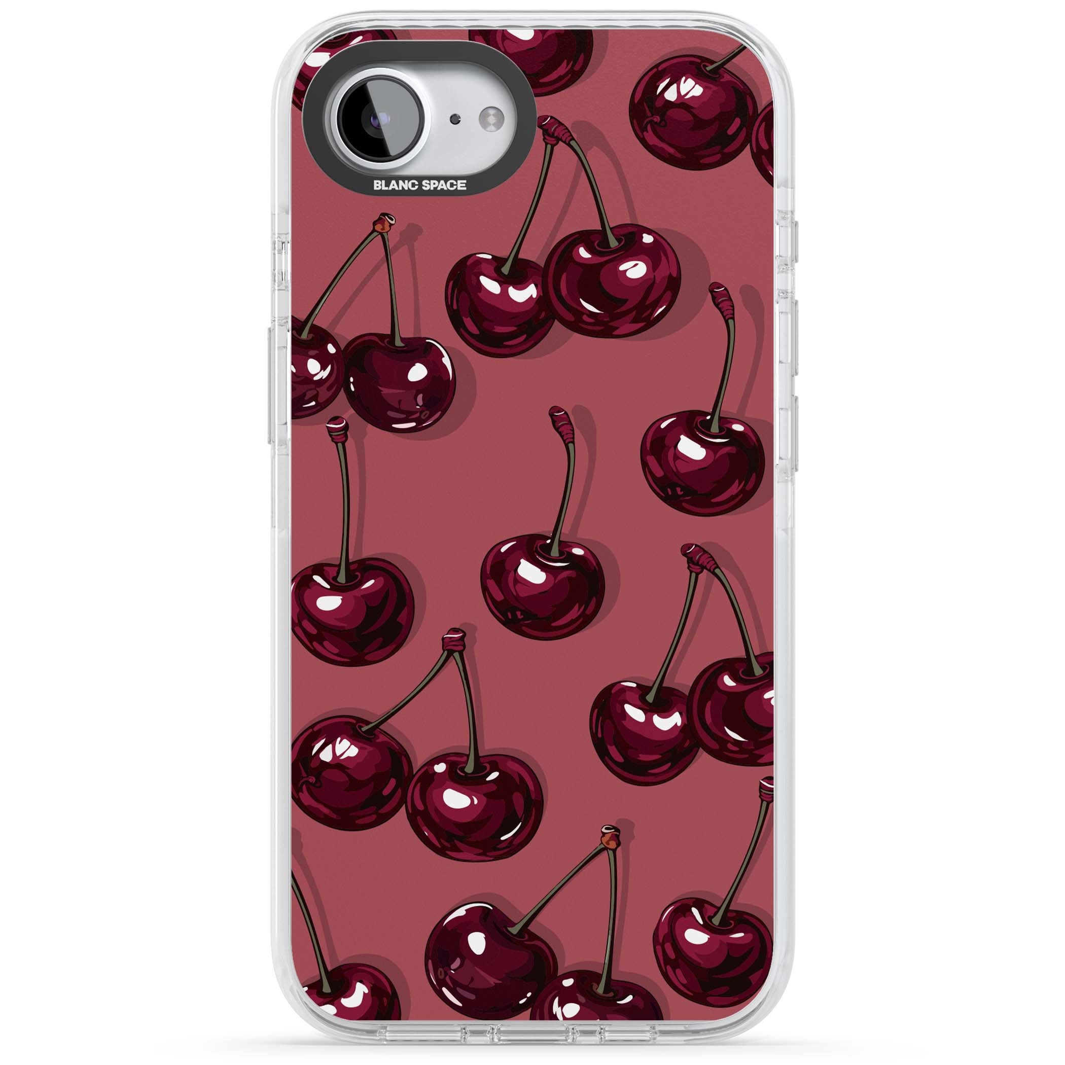 Cherry Rebel coquette iPhone case featuring glossy burgundy cherries on a dusty rose background | Impact Magsafe case for iPhone 16e, iPhone 17e