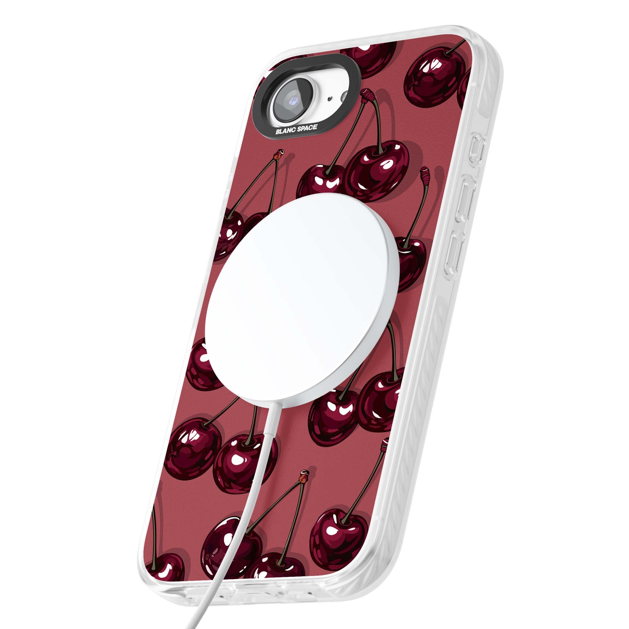 Cherry Rebel coquette iPhone case featuring glossy burgundy cherries on a dusty rose background | Impact Magsafe case for iPhone 16e, iPhone 17e
