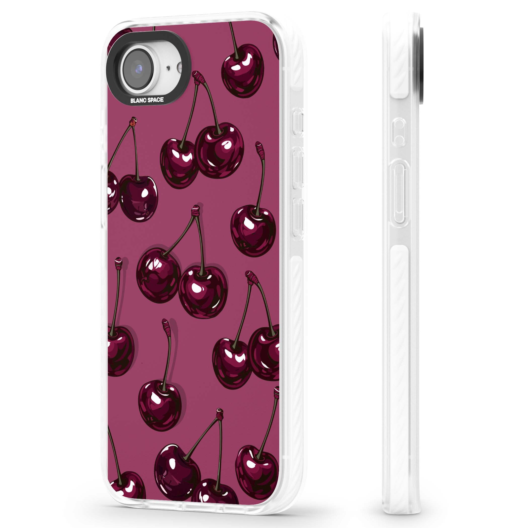 Cherry Soda coquette iPhone case featuring glossy burgundy cherries on a dusty pink background | Impact Magsafe case for iPhone 16e, iPhone 17e