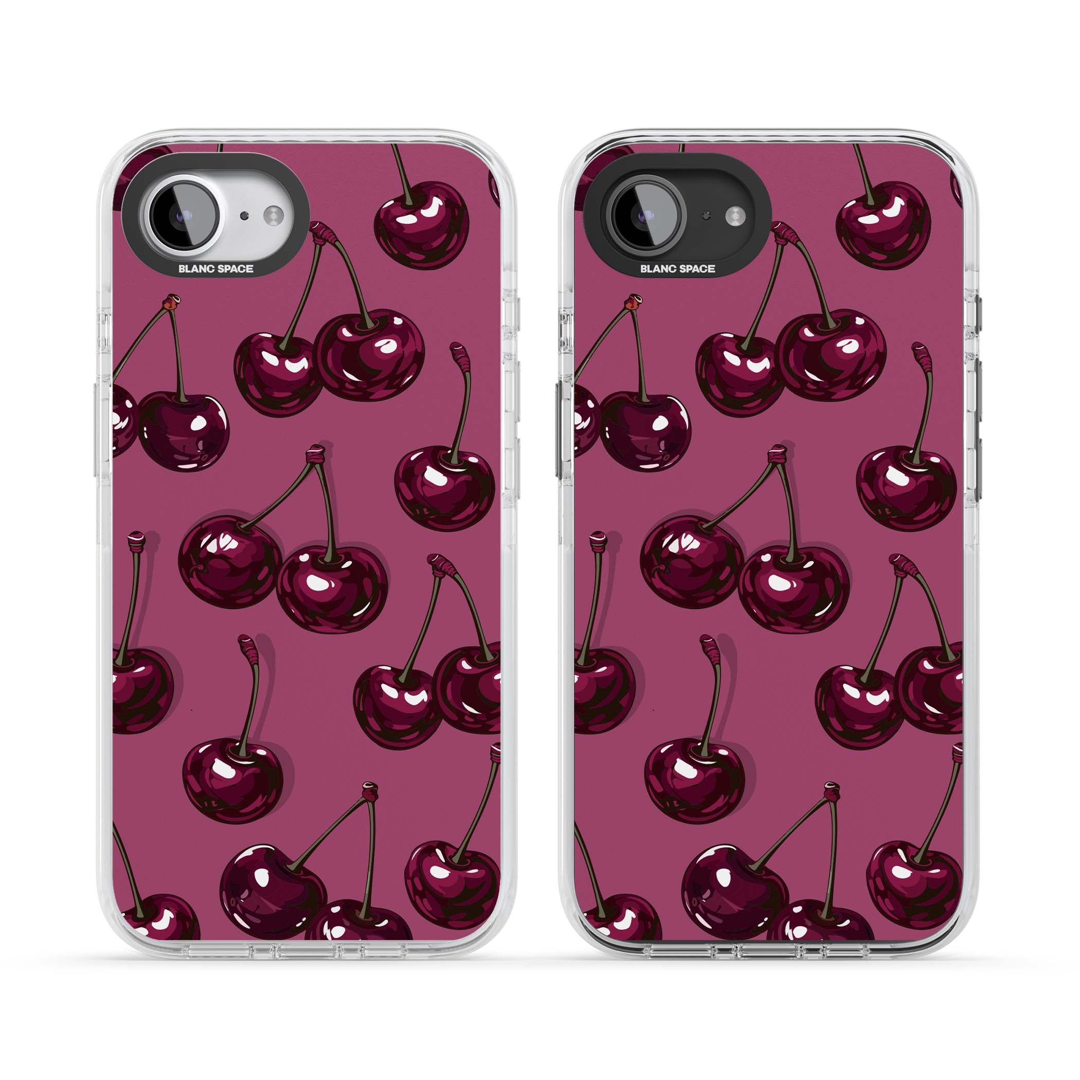 Cherry Soda coquette iPhone case featuring glossy burgundy cherries on a dusty pink background | Impact Magsafe case for iPhone 16e, iPhone 17e