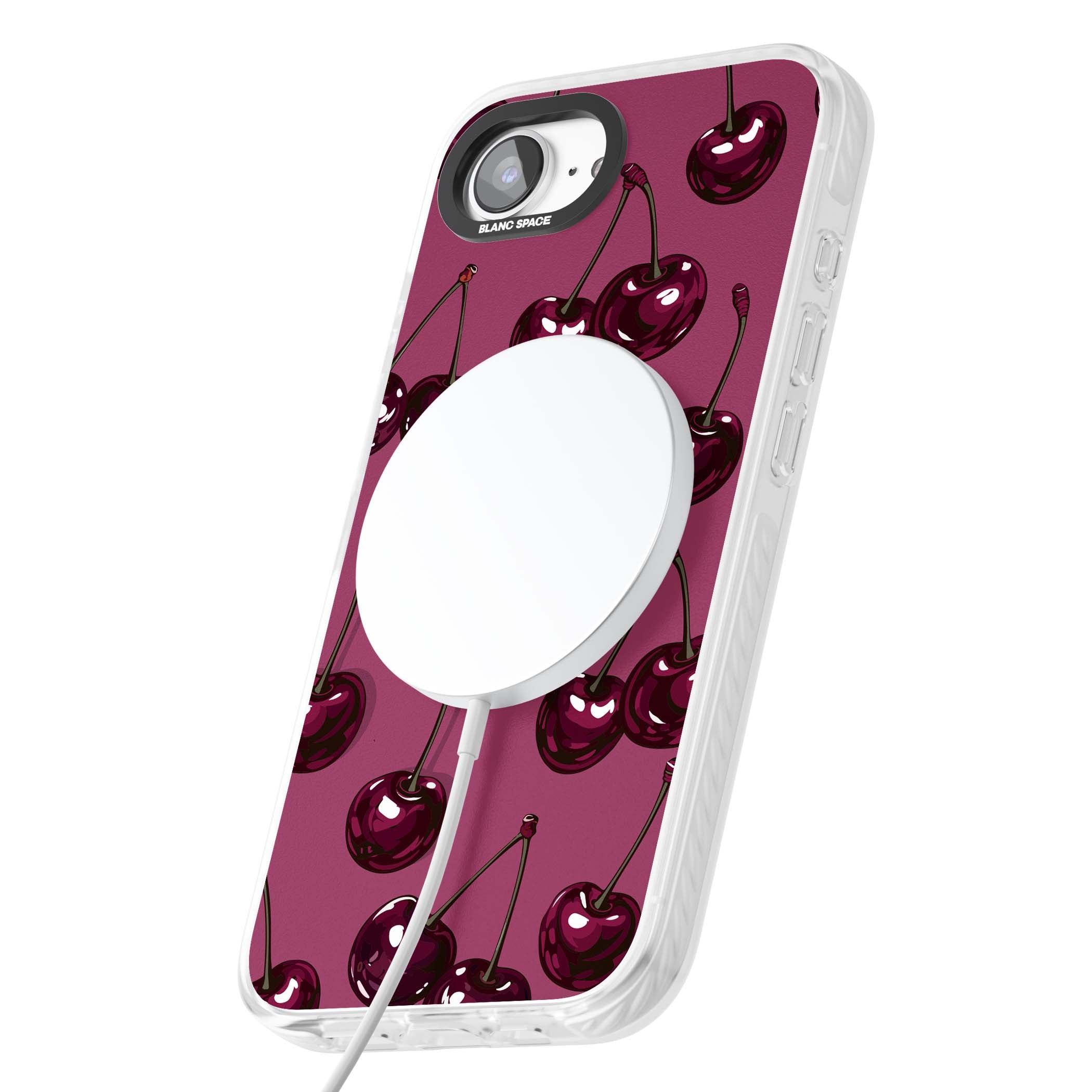 Cherry Soda coquette iPhone case featuring glossy burgundy cherries on a dusty pink background | Impact Magsafe case for iPhone 16e, iPhone 17e