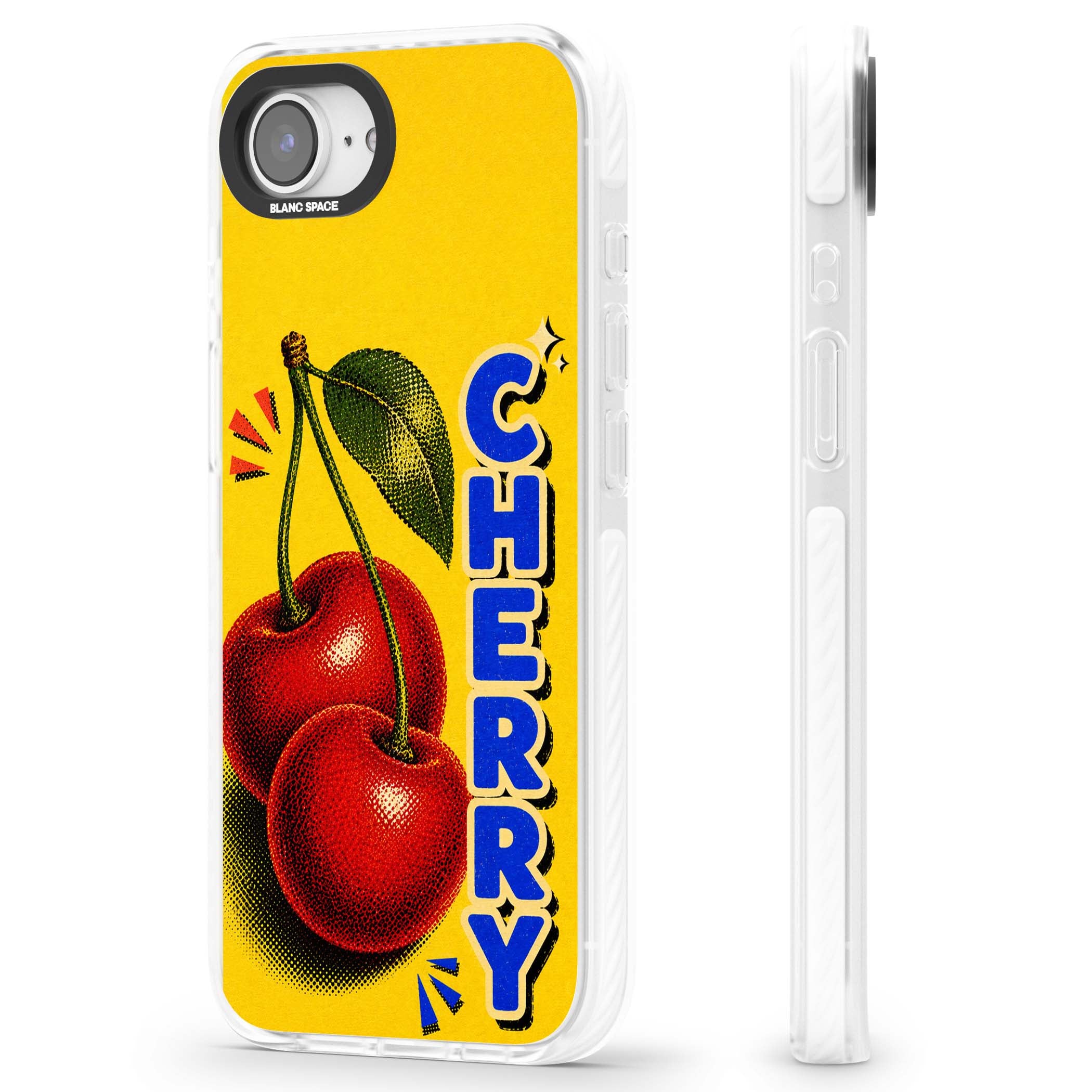 Cherry Yellow y2k iPhone case featuring two red cherries, halftone shading and bold blue CHERRY lettering on yellow | Impact Magsafe case for iPhone 16e, iPhone 17e