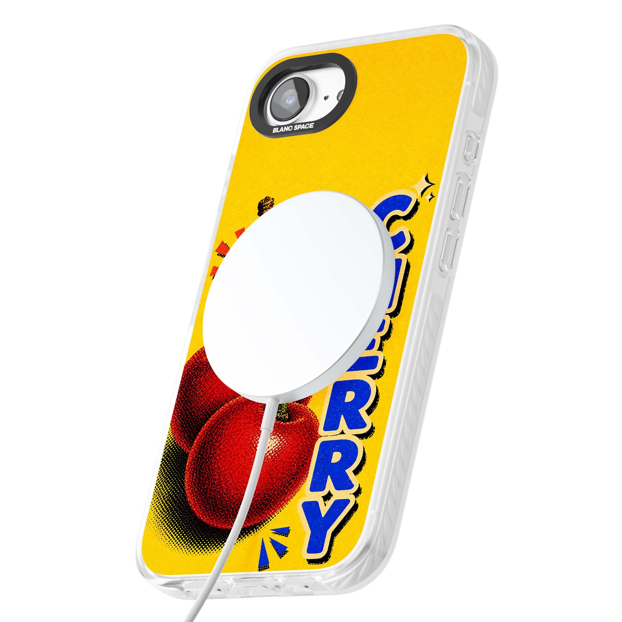 Cherry Yellow y2k iPhone case featuring two red cherries, halftone shading and bold blue CHERRY lettering on yellow | Impact Magsafe case for iPhone 16e, iPhone 17e