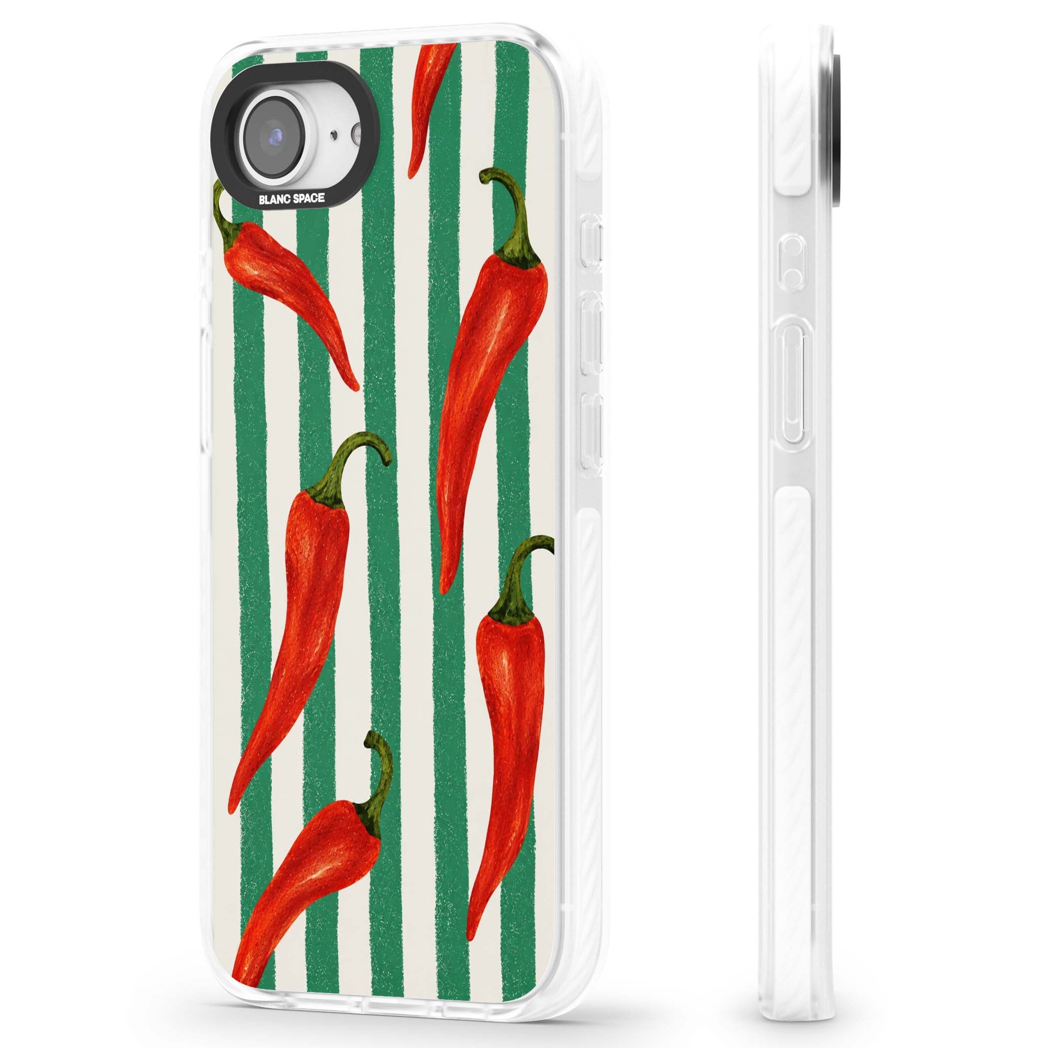 Striped Chillis coastal iPhone case featuring hand-painted red chili peppers on green and cream stripes | Impact Magsafe case for iPhone 16e, iPhone 17e