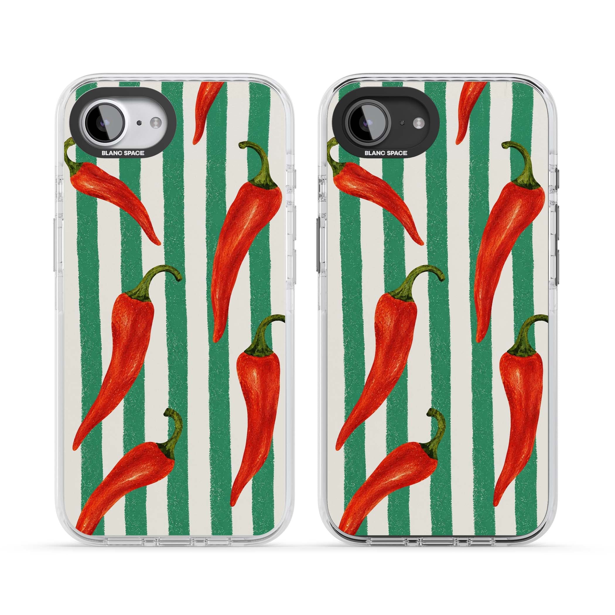 Striped Chillis coastal iPhone case featuring hand-painted red chili peppers on green and cream stripes | Impact Magsafe case for iPhone 16e, iPhone 17e